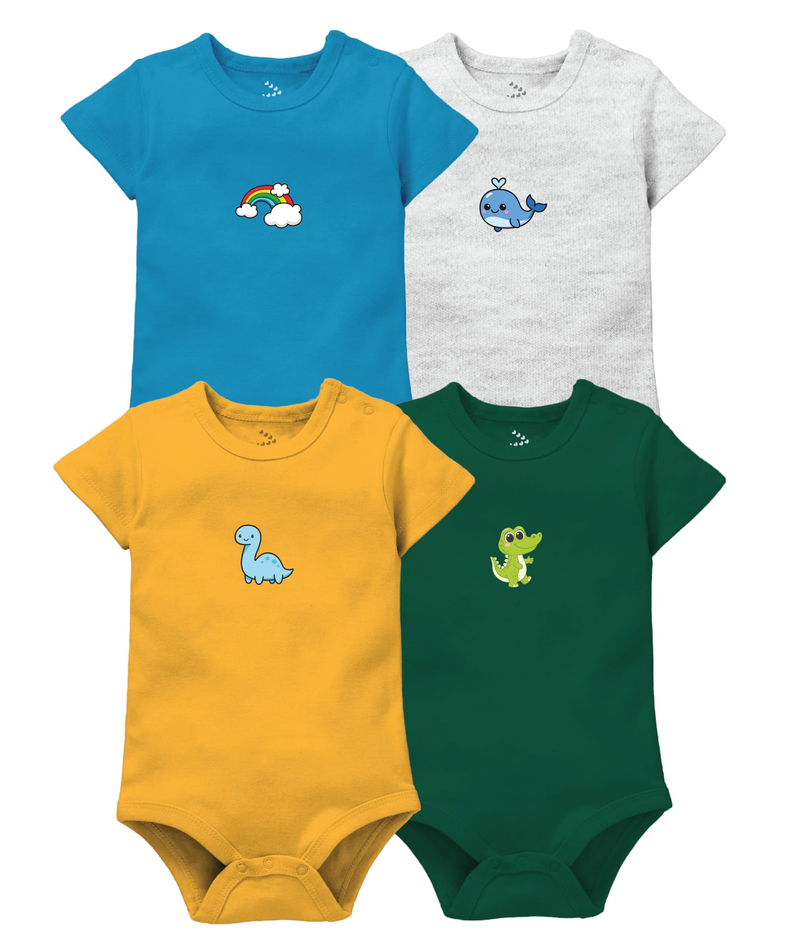 Zeezeezoo 100% Cotton Knit Pack Of 4 Half Sleeves Rainbow Whale & Dinosaur Printed Onesies - Forest Green Blue White Melange & Yellow-image-12