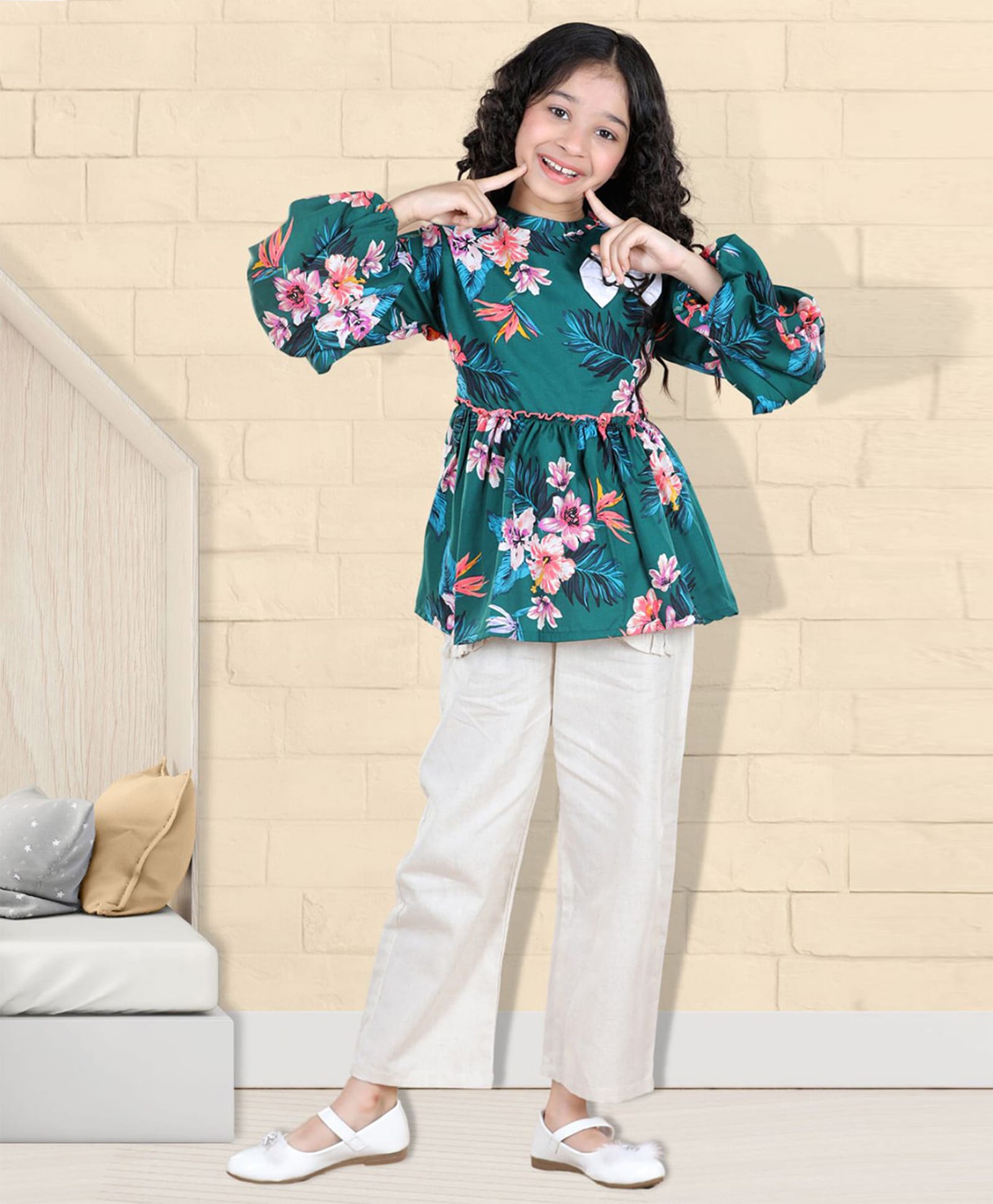 Cutiekins Woven Full Sleeves Floral Printed Top & Palazzo Set - Teal Blue & Off White-picture-25