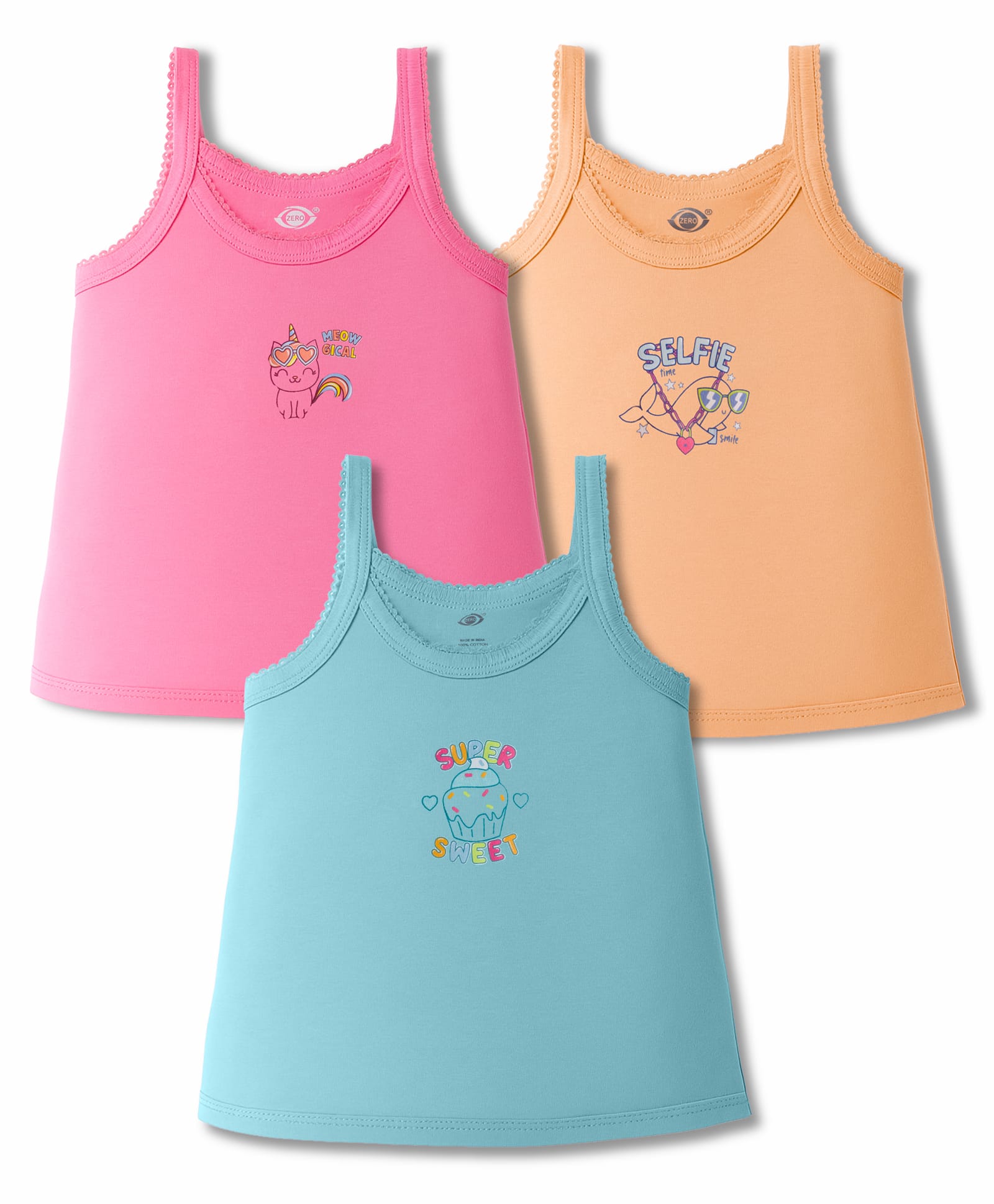 Zero Sinker Knit Sleeveless Slips with Text Print Pack of 3 - Aqua Blue Pink & Light Orange-image-18