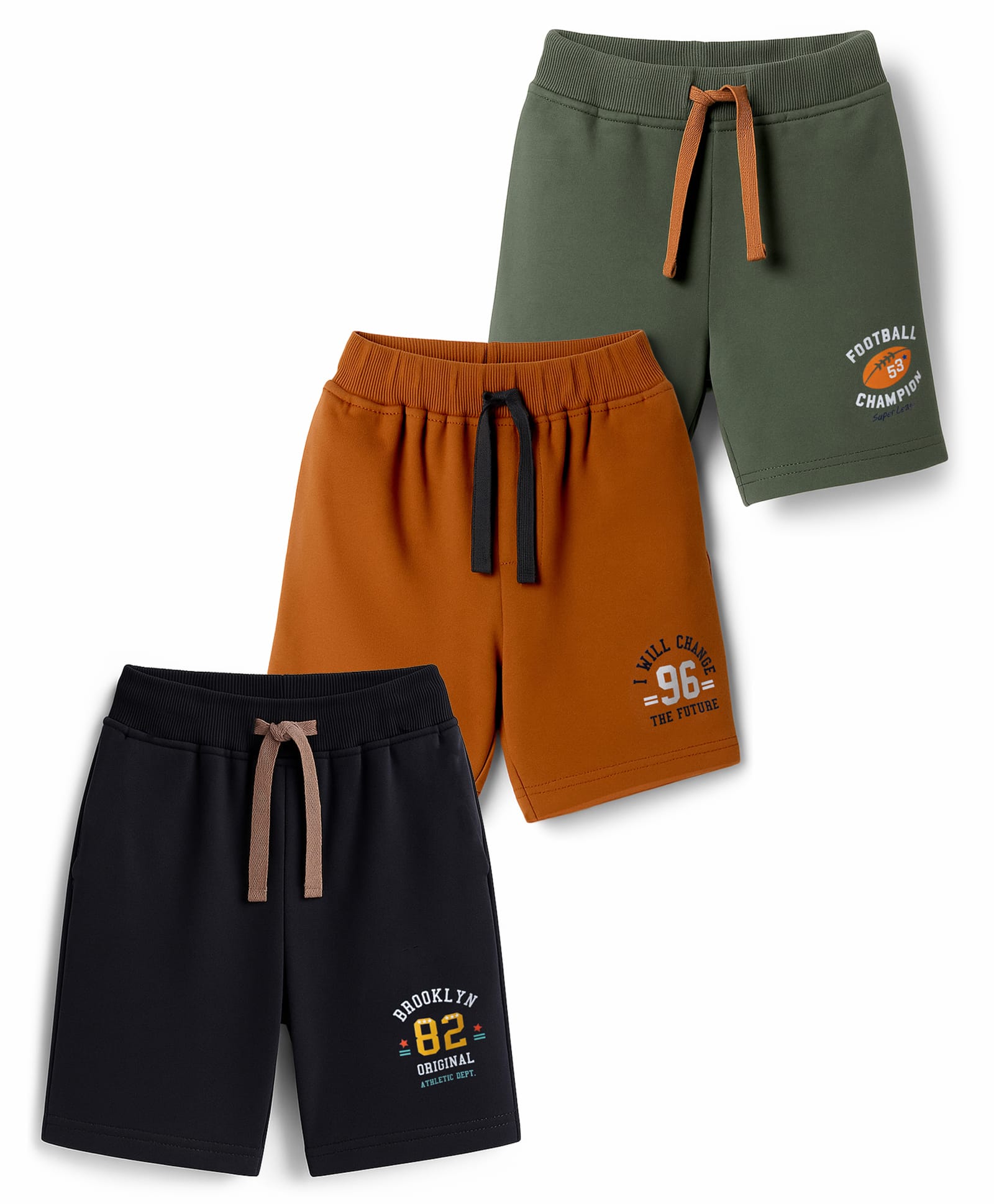 Zero Sinker Knit Above Knee Length Shorts With Text Print Pack Of 3 - Navy Blue Rust Orange & Olive Green-picture-24