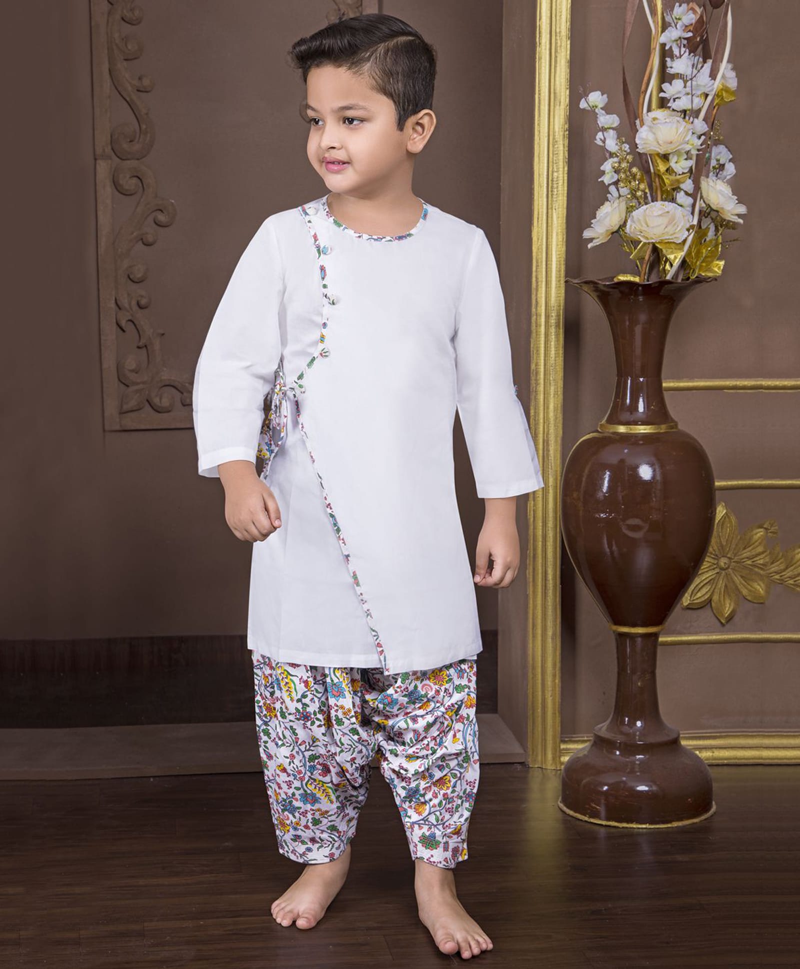 Nino Bambino Organic Cotton Knit Full Sleeves Floral Placket Printed Kurta & Dhoti - Multi Colour-picture-11