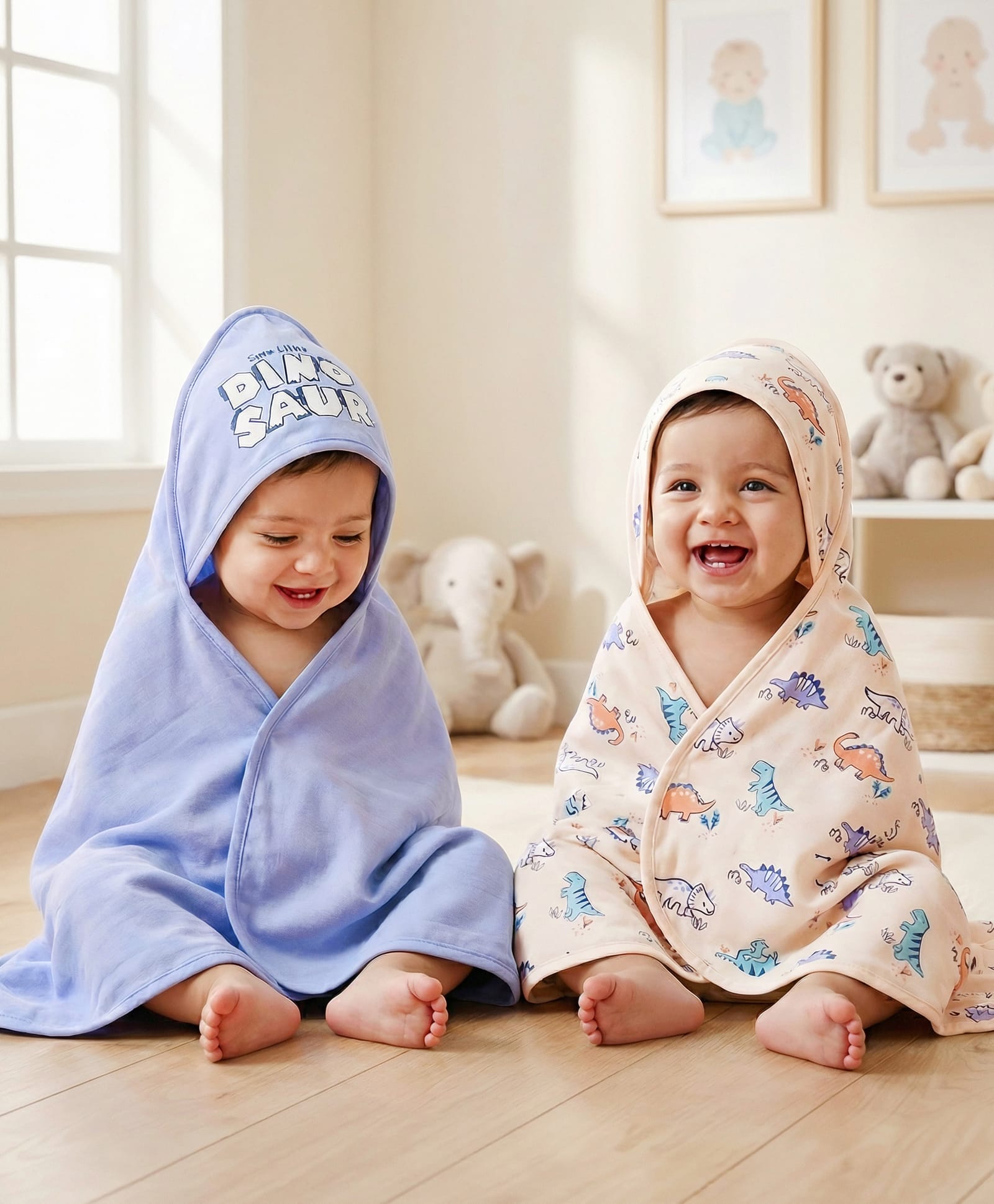 Babyoye 100% Cotton Knit Hooded Towel With Dino Print Pack Of 2 L 81 x B 81 cm - Light Blue & Cream-picture-47