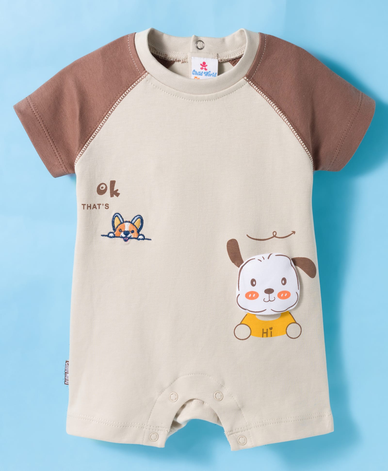 Child World Interlock Knit Half Raglan Sleeves Romper With Dog Print - Beige-image-43