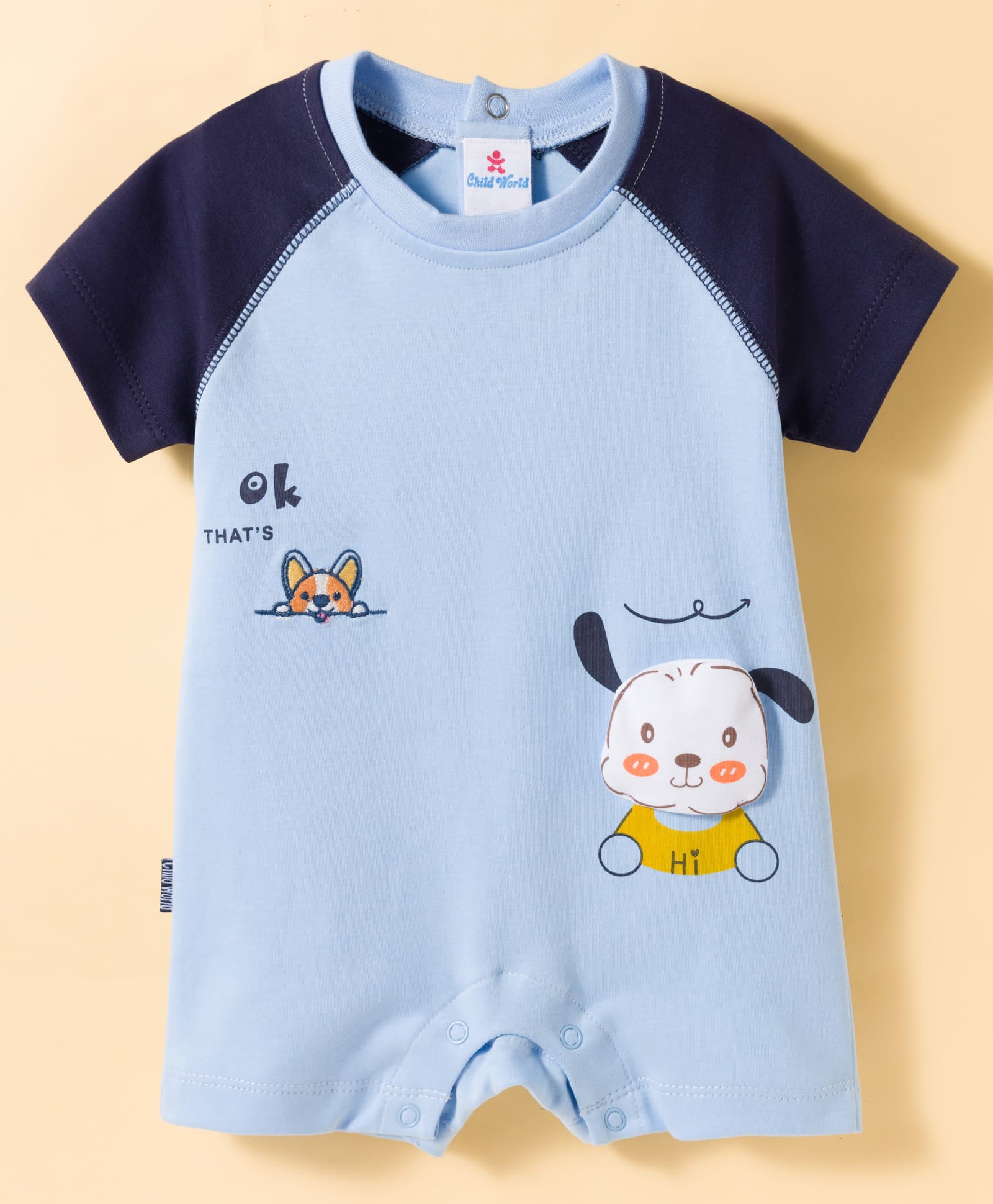 Child World Interlock Knit Half Raglan Sleeves Romper With Dog Print - Light Blue-picture-47