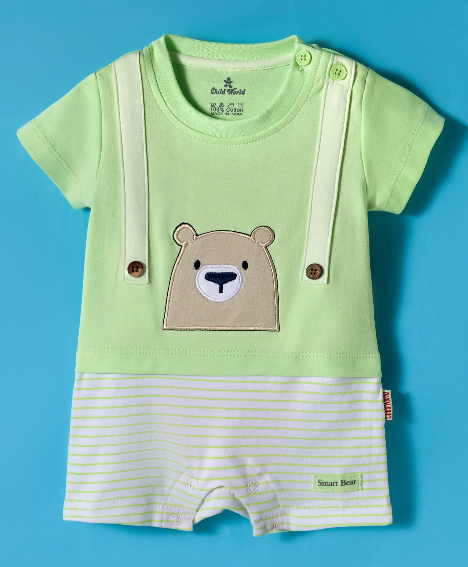 Child World Interlock Knit Half Sleeves Romper With Bear Print - Green-picture-30