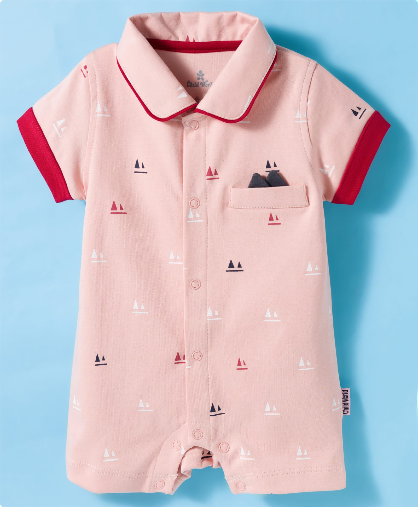 Child World Interlock Knit Half Sleeves Front Open Romper with Ship Print - Pink-image-42