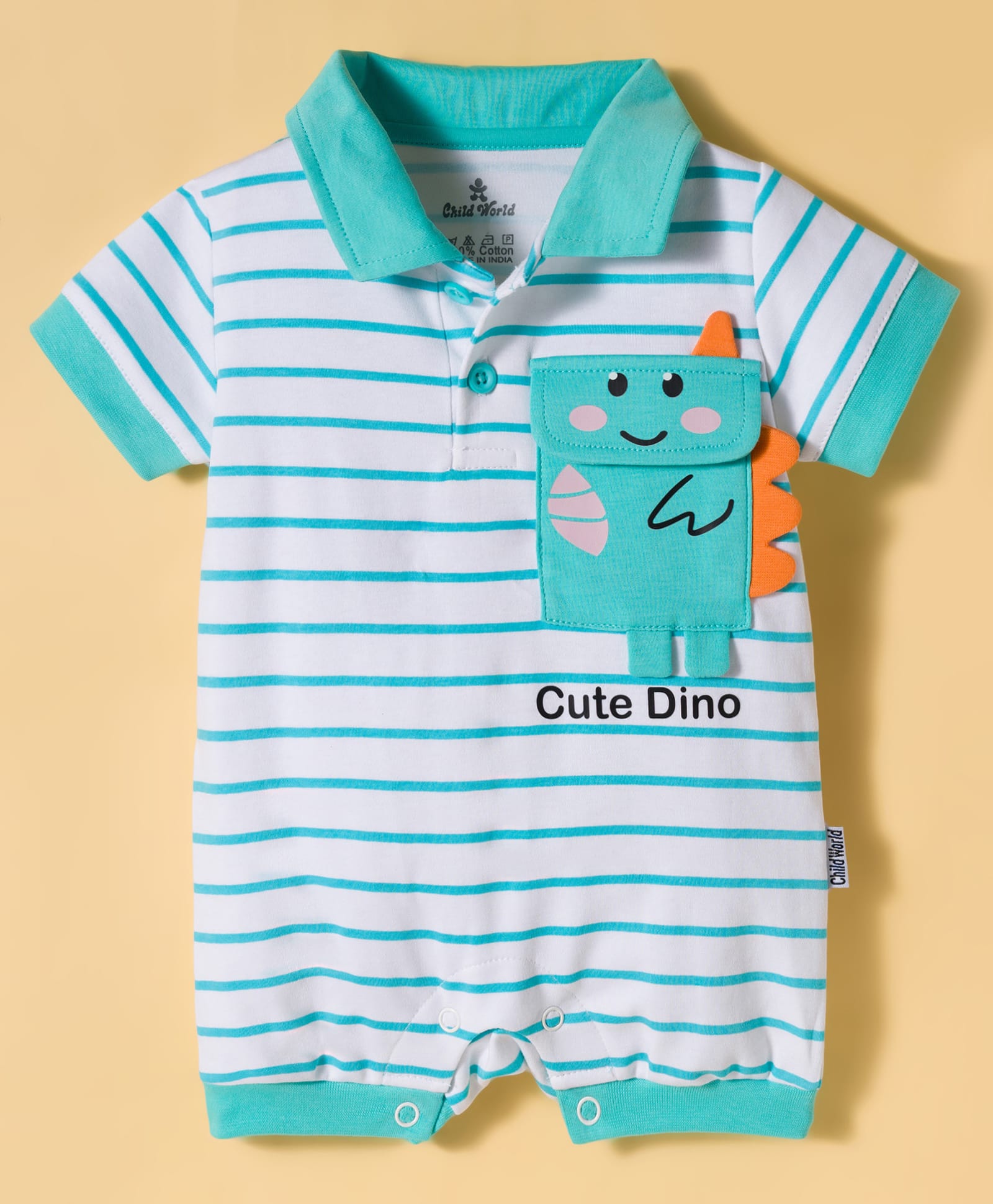 Child World Interlock Knit Half Sleeves Striped Romper With Dino Applique - Sea Green-picture-38
