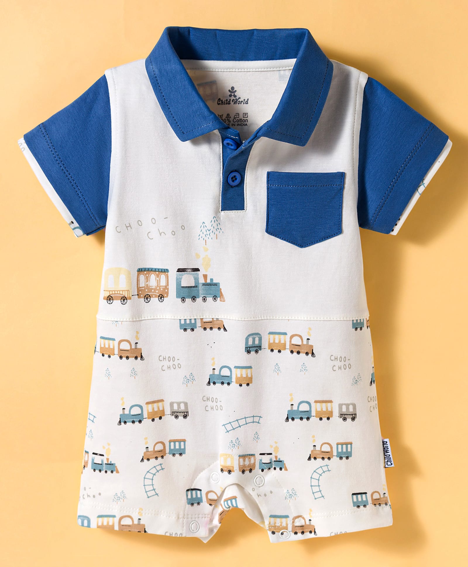 Child World Interlock Knit Half Sleeves Romper With Train Print - Blue-picture-46