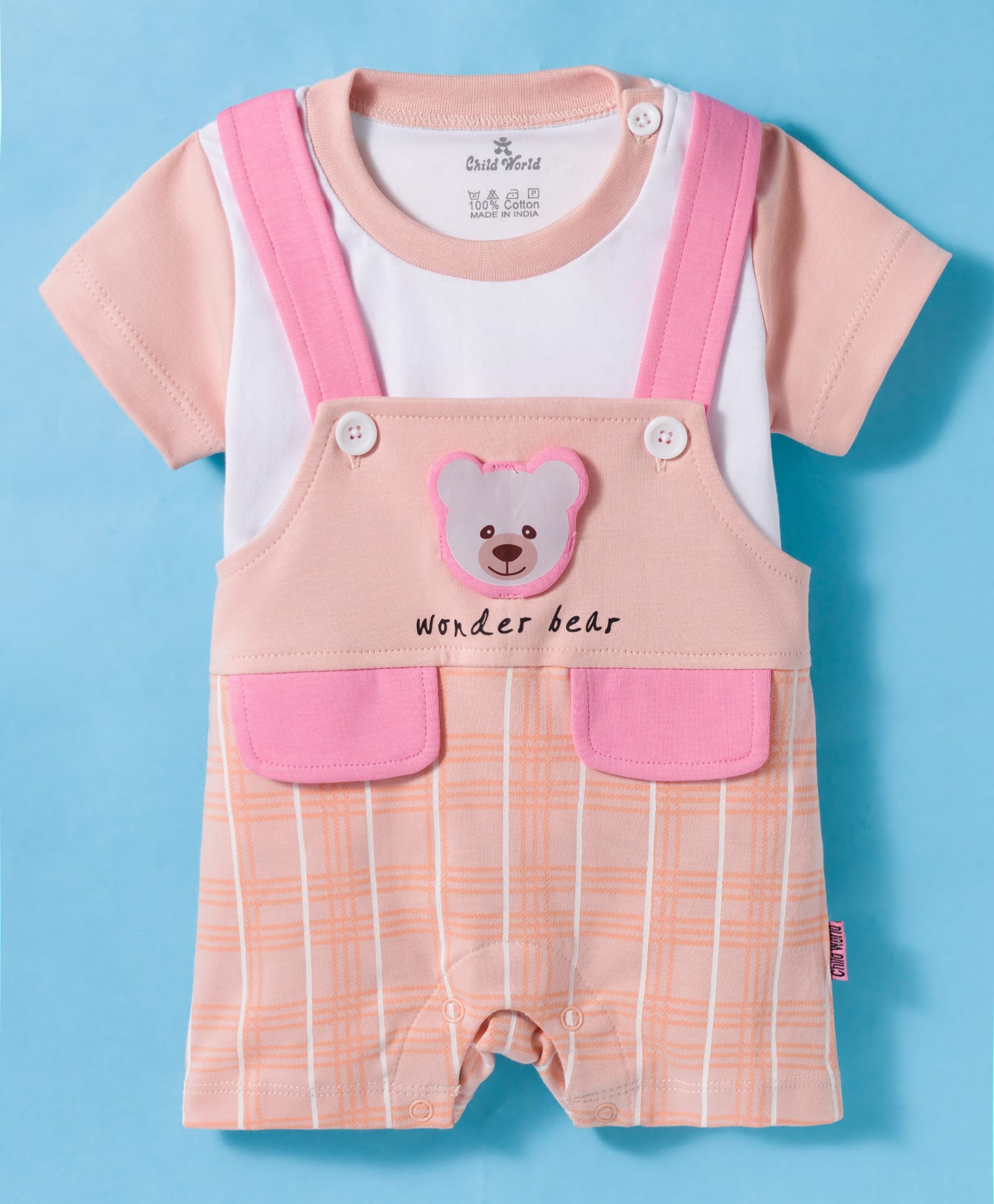 Child World Interlock Knit Dungaree Style Romper & Half Sleeves Inner Tee With Teddy Bear Applique - Rust-picture-4