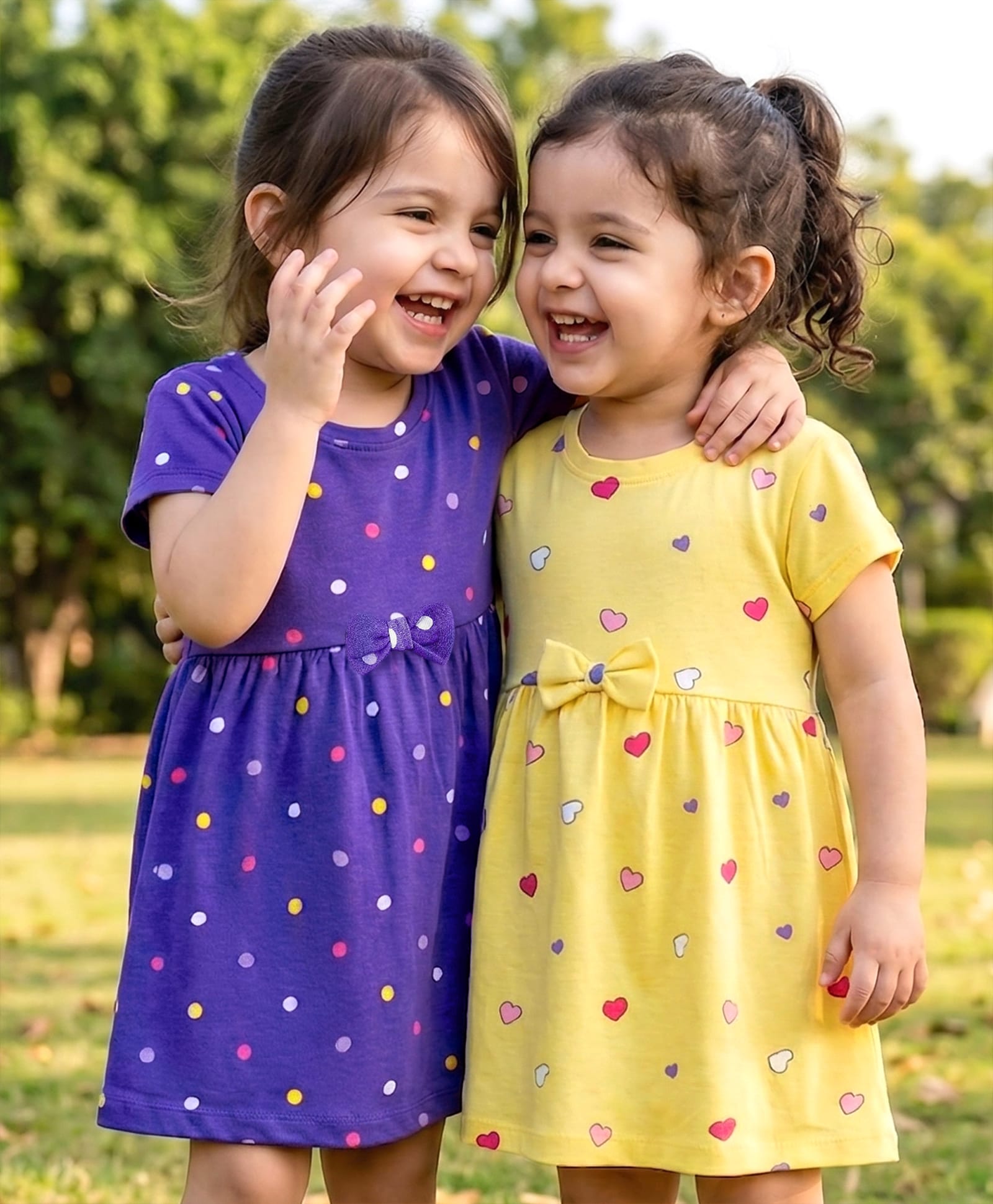 Babyhug Single Jersey Knit Half Sleeves Polka Dot & Heart Printed Frocks with Bow Applique Pack of 2 - Yellow & Purple-picture-23