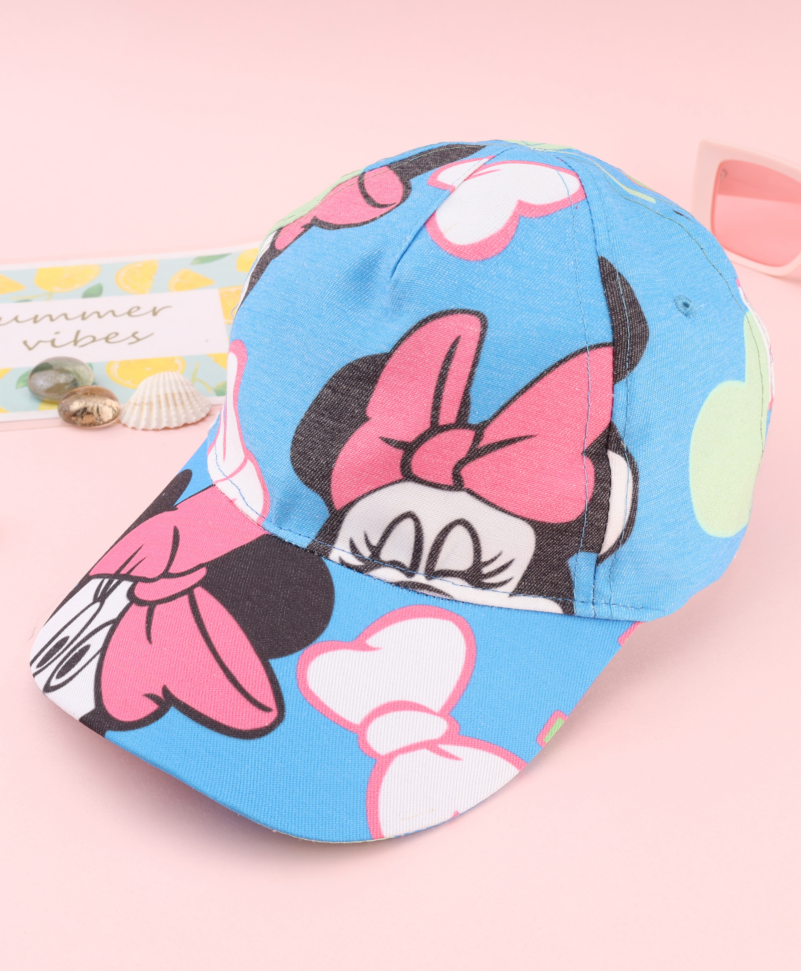 Babyhug Disney Cotton Woven Summer Cap with Minnie Mouse Print Blue - Diameter 16 cm