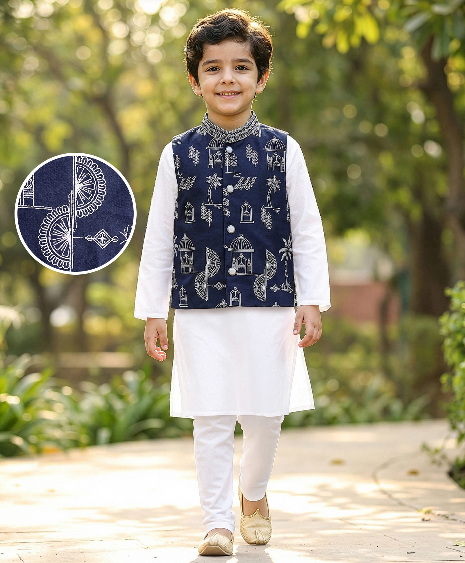 EARTHY TOUCH Cotton Woven Full Sleeves Kurta Pyjama Set With Embroidered Nehru Jacket - Navy Blue & White-image-49