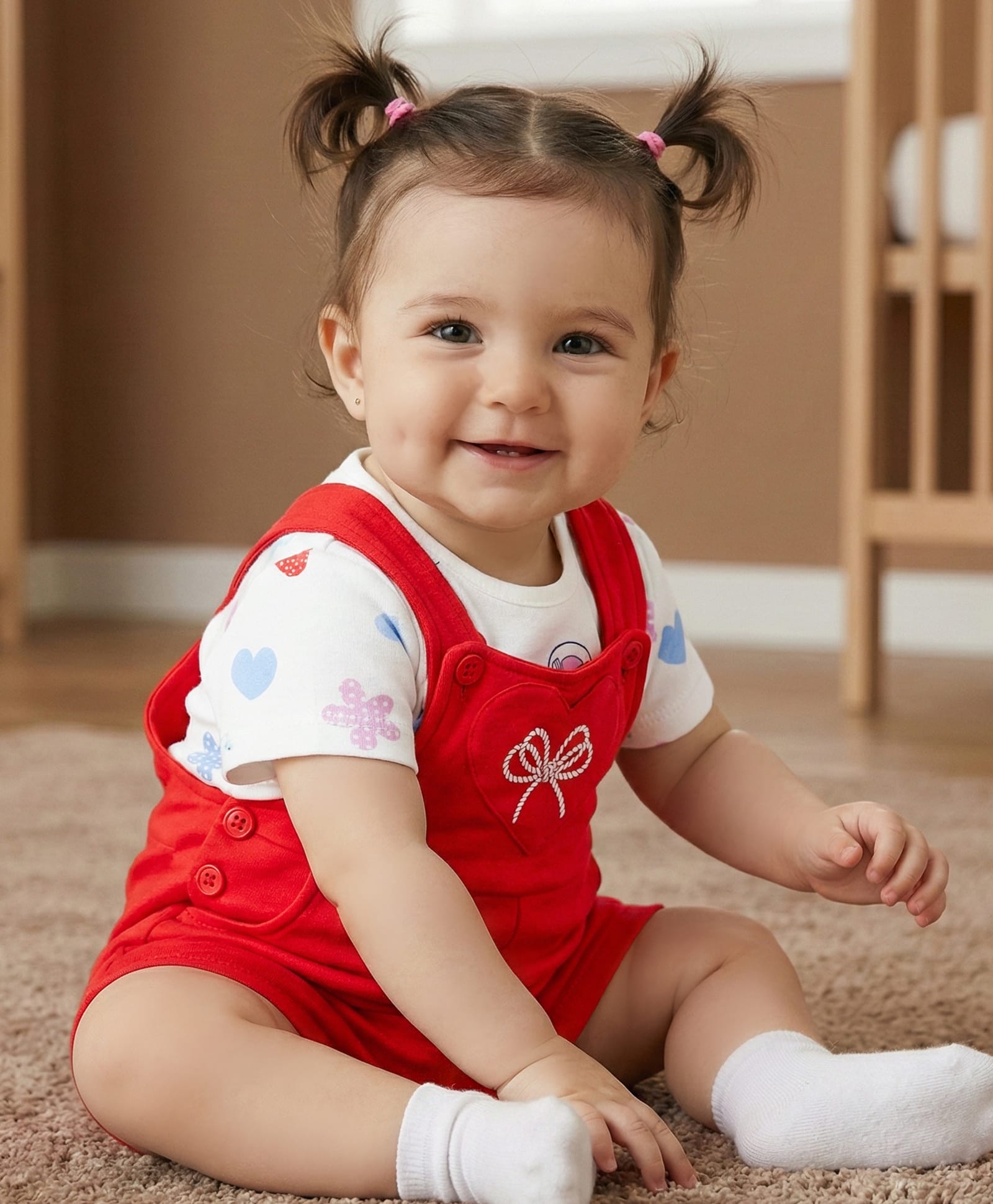 Babyoye 100% Cotton Knit With Eco Jiva Finish Dungaree & Half Sleeves Inner Tee With Floral & Bow Print - Red-image-16
