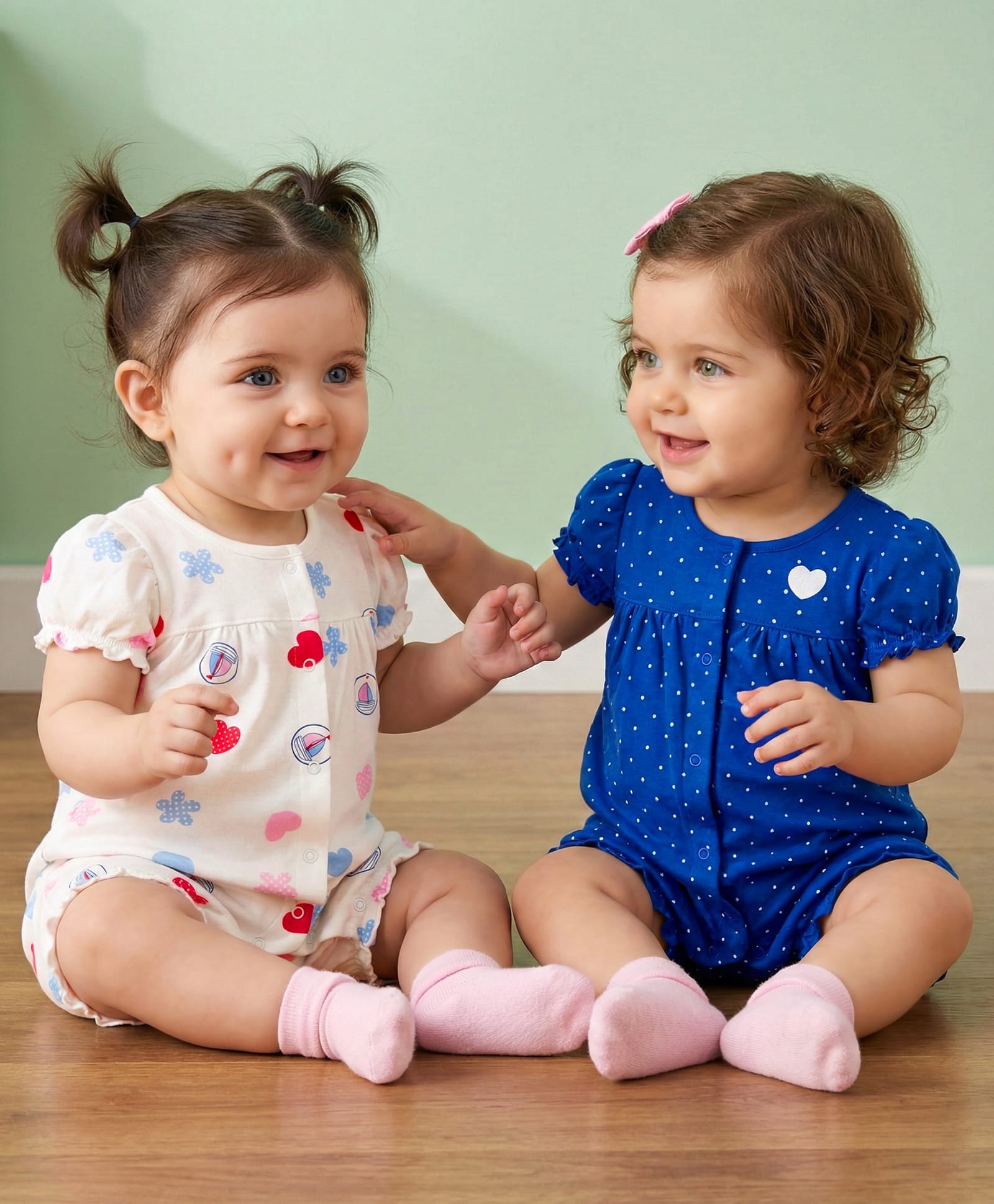 Babyoye 100% Cotton Knit With Eco Jiva Finish Half Puffed Sleeves Rompers with Polka Dot & Heart Print Pack of 2 - Blue & White-image-10