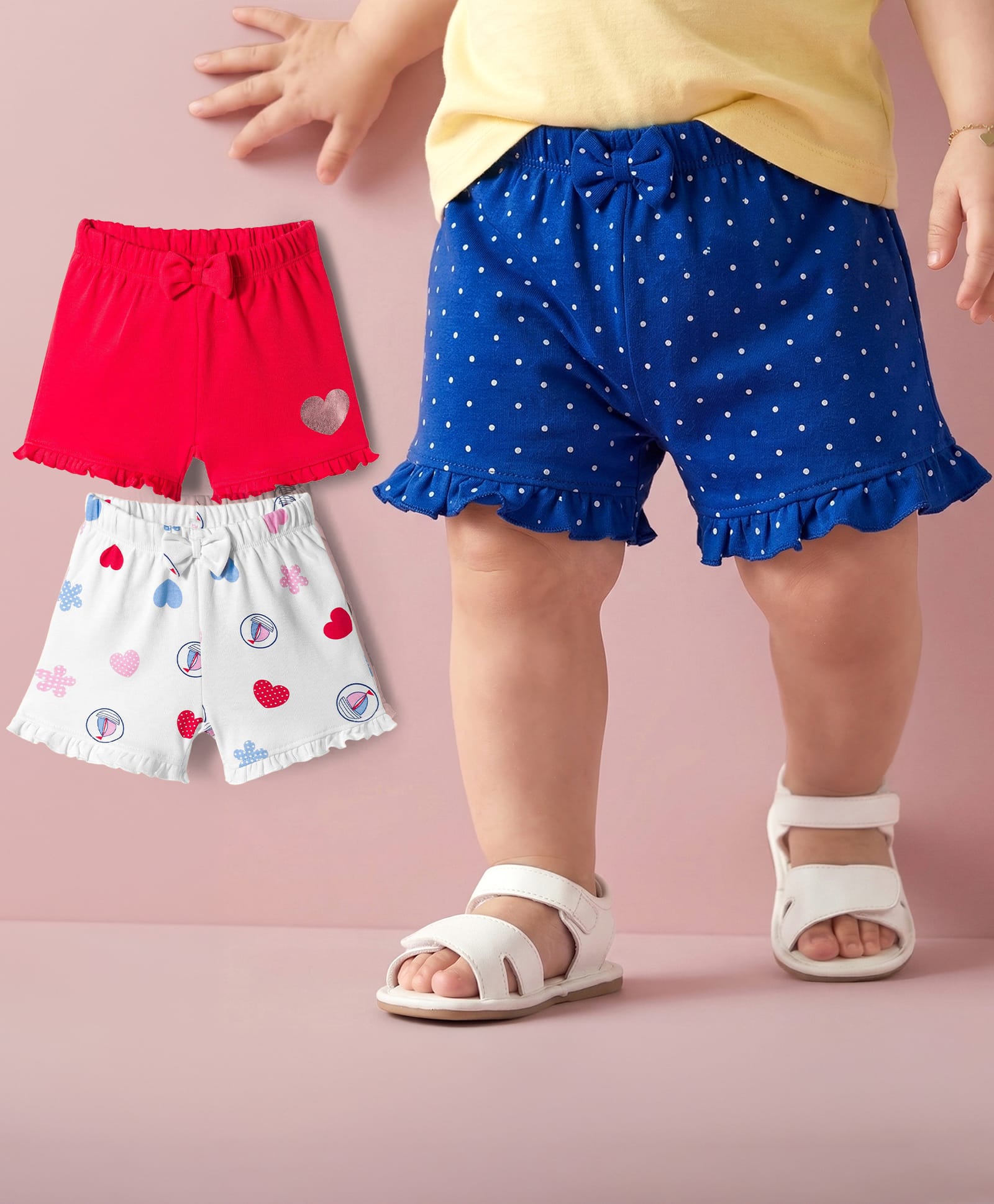Babyoye 100% Cotton Interlock Knit Eco Jiva Finish Shorts With Floral Print Pack Of 3 - Navy Blue Red & White-picture-15