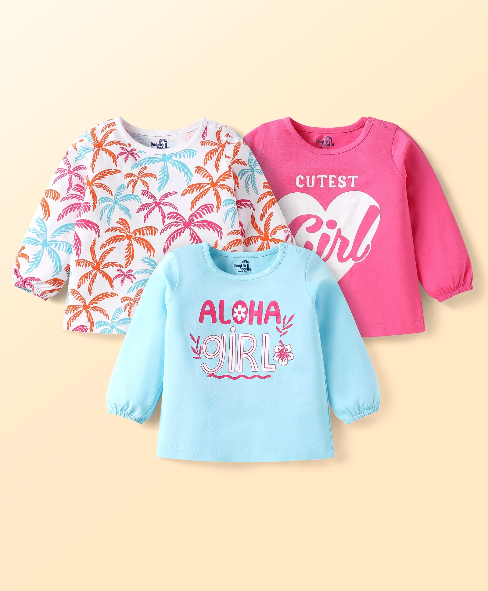 Doodle Poodle 100% Cotton Knit Full Sleeves T-Shirts with Beach Theme Print Pack of 3- White Pink & Blue