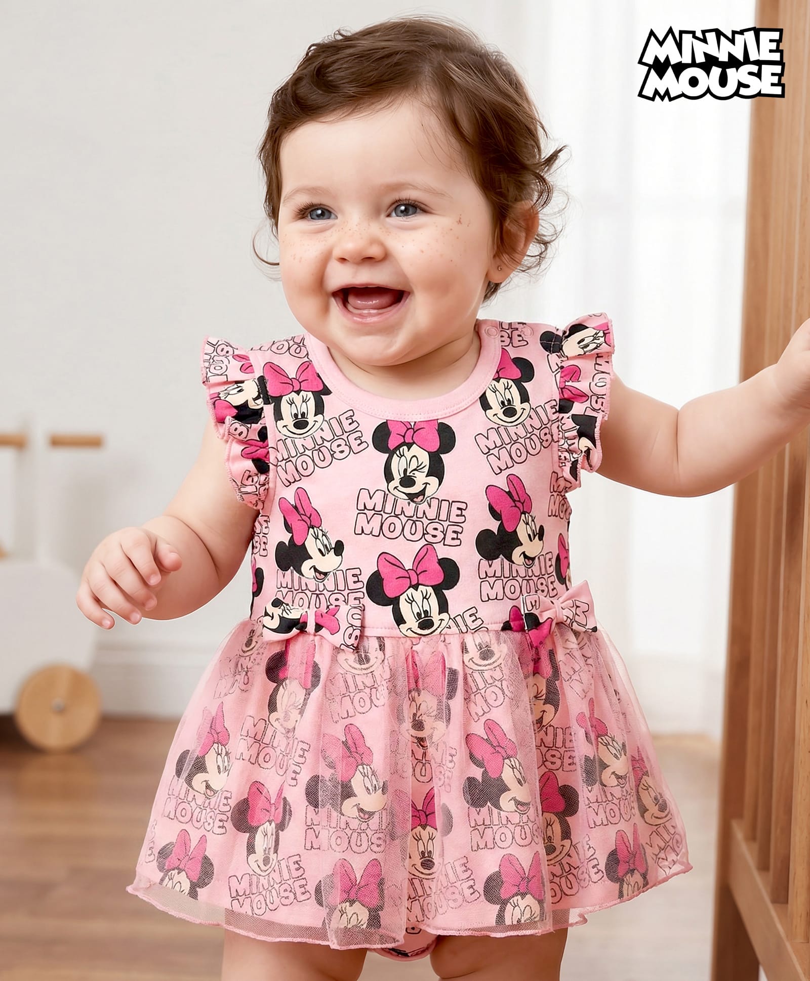 Babyhug Disney Interlock Knit Frill Sleeves Frock Style Onesies With Minnie Mouse Print - Pink-picture-13