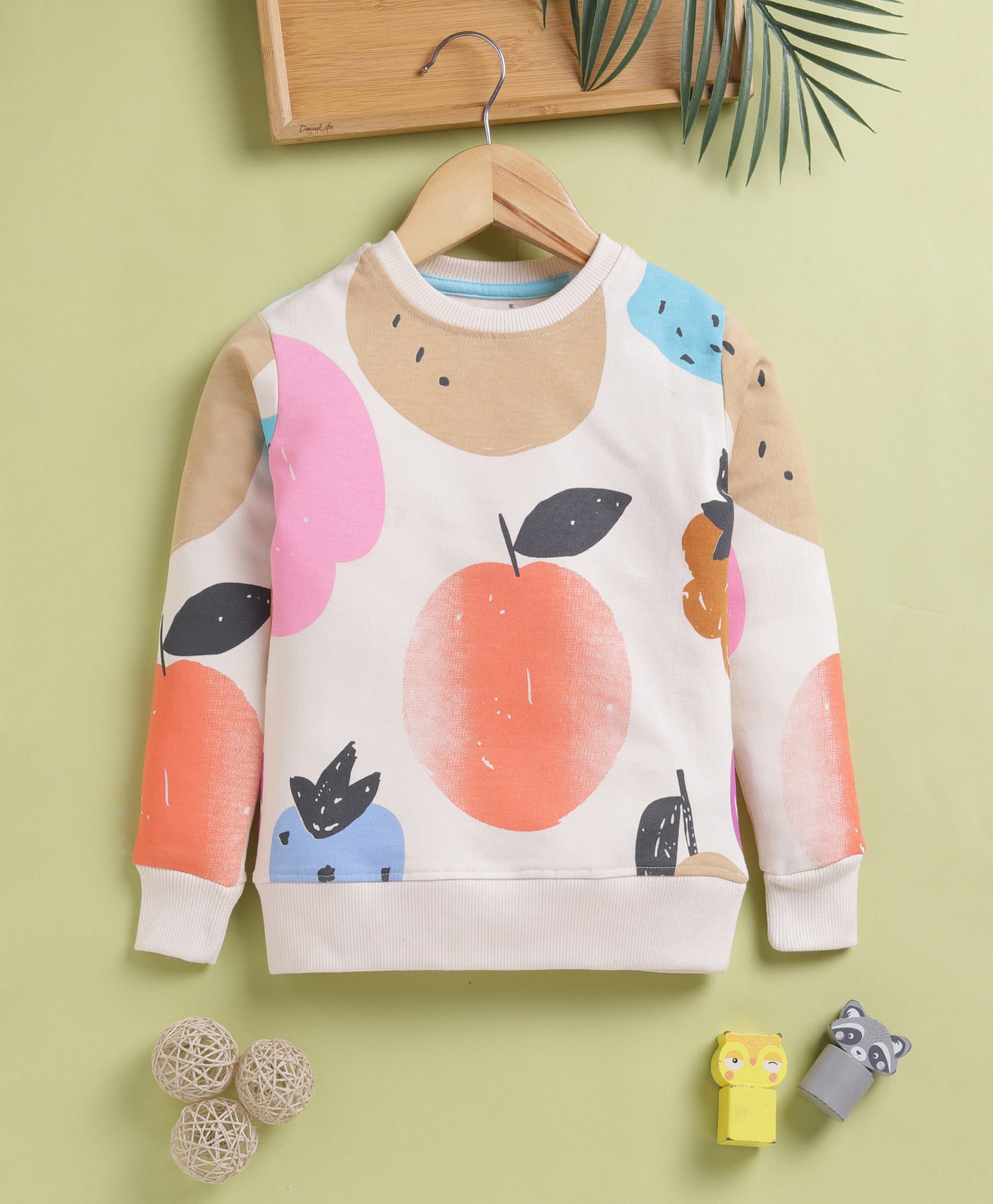 TOONYPORT Cotton Blend Knit Full Sleeves Fruits Printed Light Winter Sweatshirt - Cream-picture-37