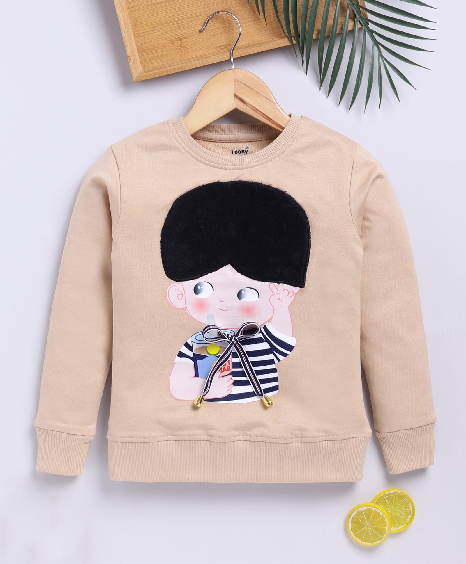 TOONYPORT Cotton Blend Knit Full Sleeves Boy Patch Detailed Light Winter Sweatshirt - Beige-picture-11