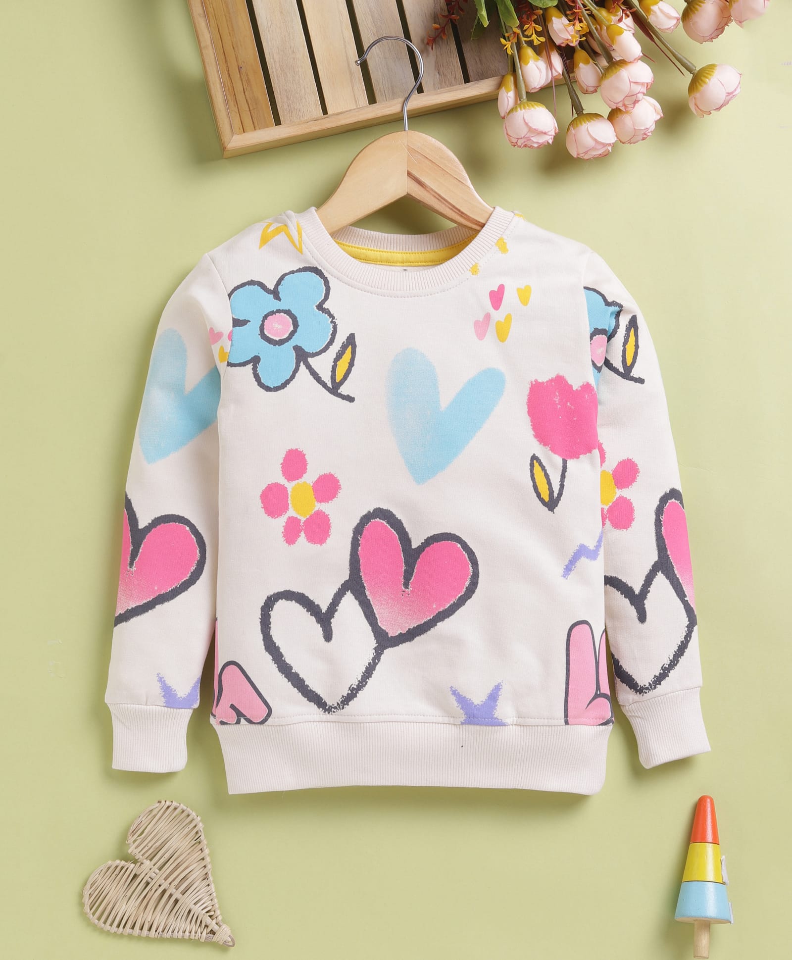 TOONYPORT Cotton Blend Knit Full Sleeves Heart & Flower Printed Light Winter Sweatshirt - Beige