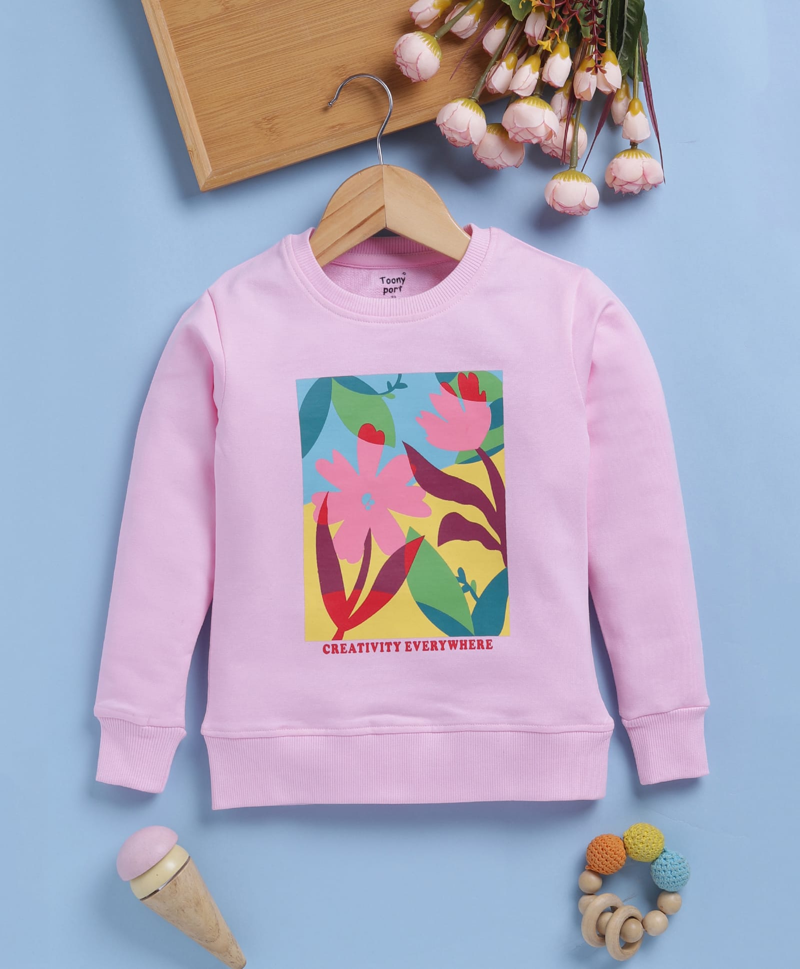 TOONYPORT Cotton Blend Knit Full Sleeves Flower Printed Light Winter Sweatshirt - Pink-picture-32