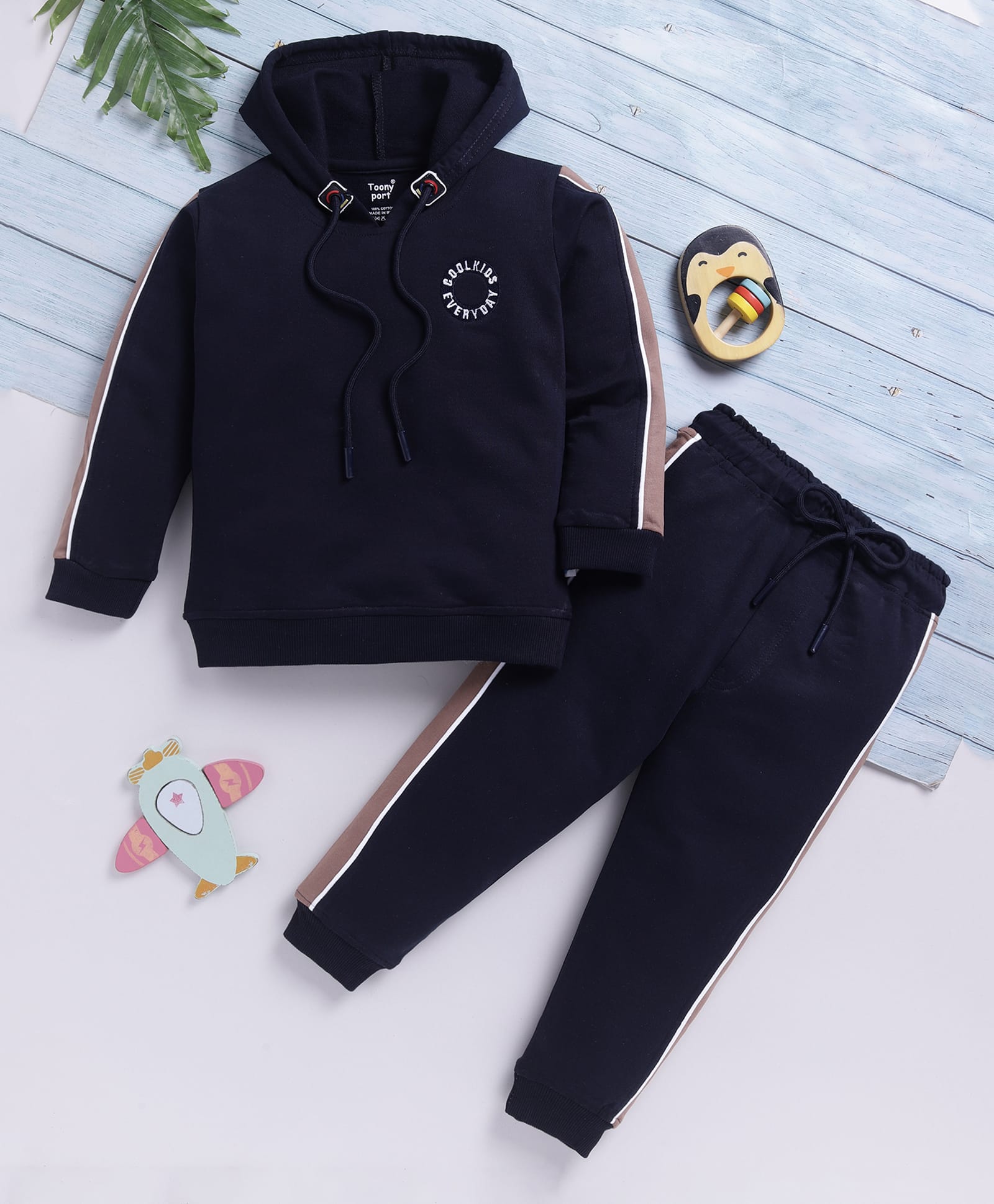 TOONYPORT Cotton Blend Knit Full Sleeves Solid Winter Hooded Sweatshirt With Pant Set - Blue-picture-21
