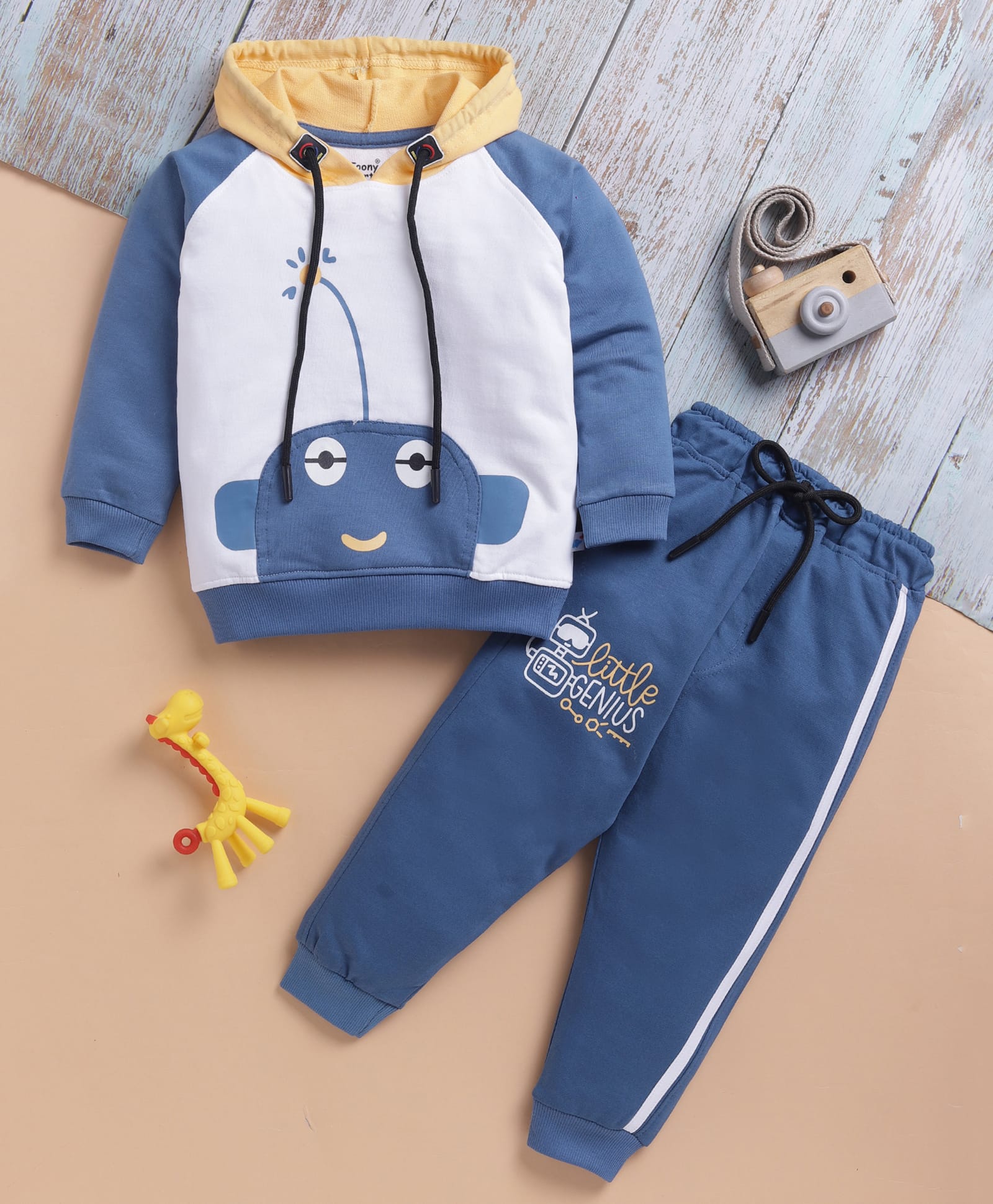 TOONYPORT Cotton Blend Knit Full Sleeves Colour Blocked Winter Hooded Sweatshirt With Pant Set - Blue