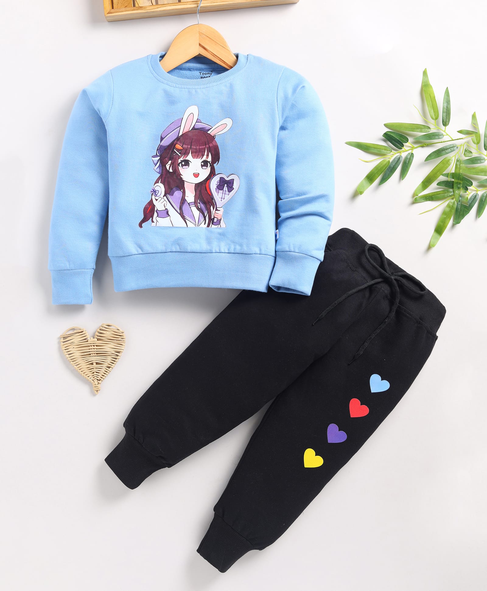 TOONYPORT Cotton Blend Knit Full Sleeves Girl Printed Sweatshirt With Joggers Set - Blue-picture-23