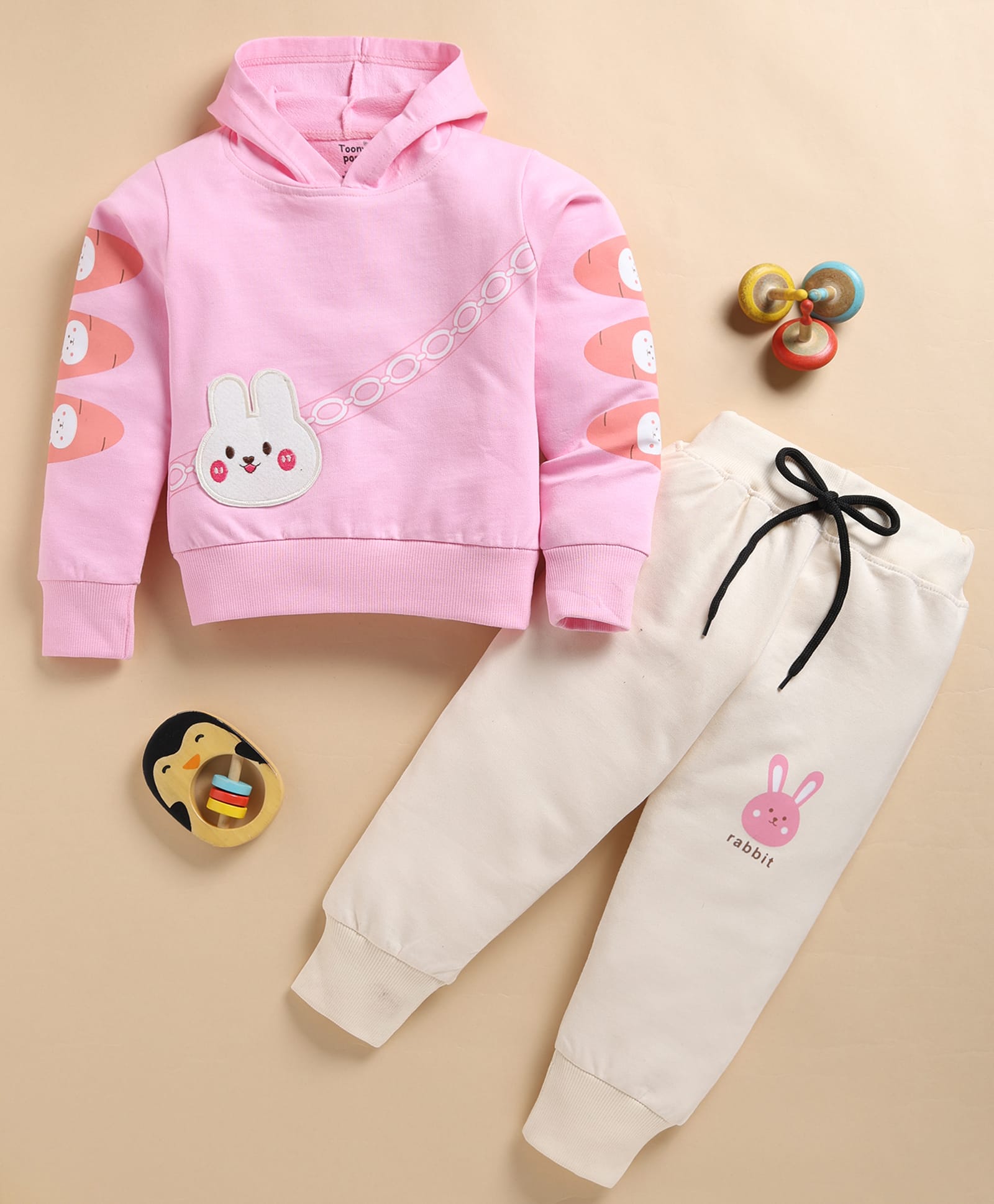 TOONYPORT Cotton Blend Knit Full Sleeves Bunny Patch Detailed Hooded Sweatshirt With Joggers Set - Pink-picture-38