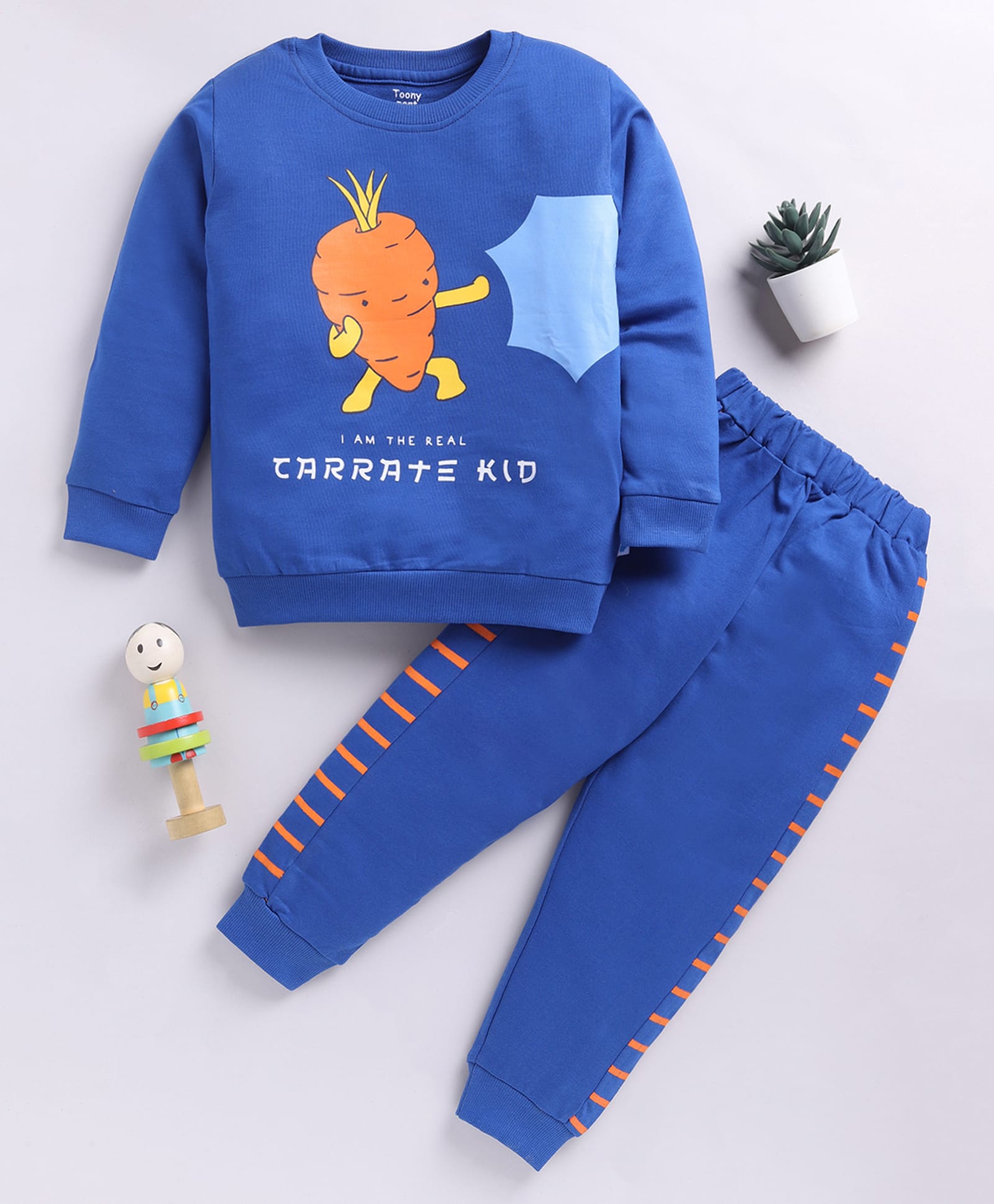 TOONYPORT Cotton Blend Knit Full Sleeves Carrate Kid Text Printed Sweatshirt With Joggers Set - Blue-picture-17