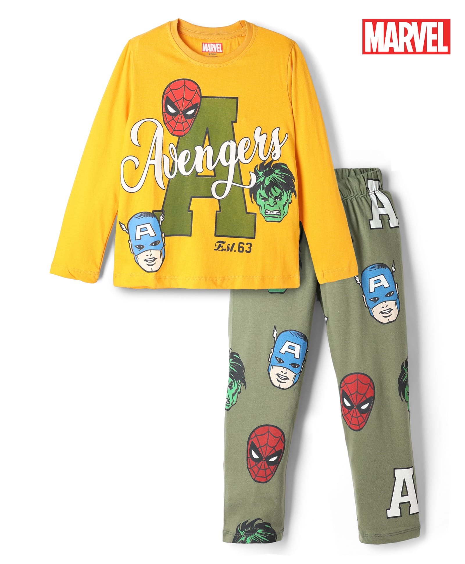 Pine Kids Marvel Single Jersey Knit Full Sleeves T-Shirt & Pyjama Night Suit With Avengers Graphics - Yellow & Olive Green-image-33