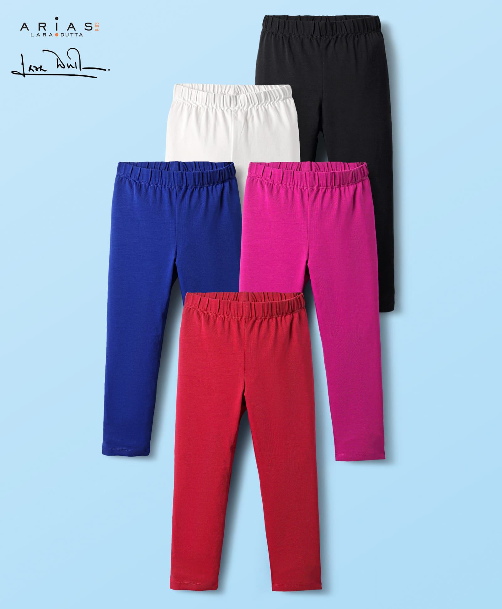 Arias Cotton Elastane Knit Full Length Solid Colour Leggings Pack of 5 - Red Navy Blue & White-image-43
