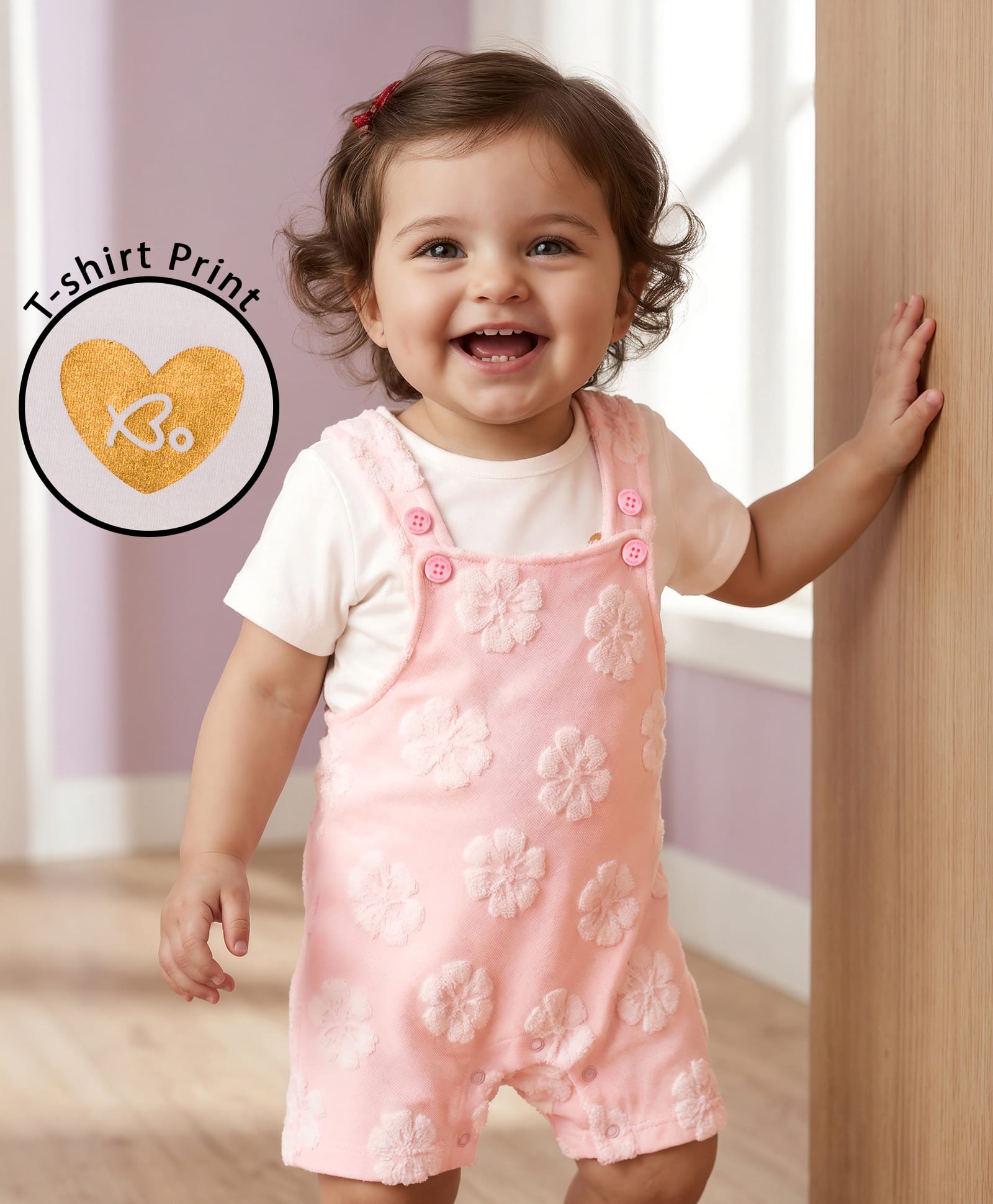 Babyoye Interlock Knit Dungaree & Half Sleeves Inner Tee With Floral Embroidery - Pink-image-25