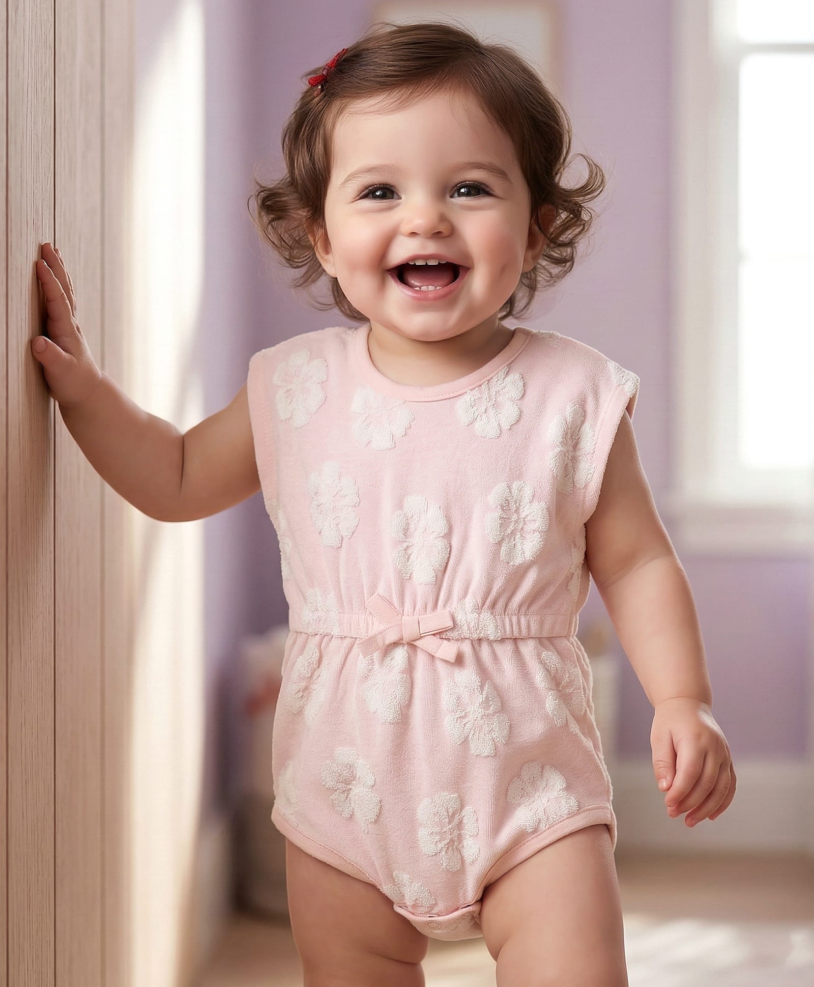 Babyoye Interlock Knit Solid Dyed Half Sleeves Onesie with Floral Embroidery - Pink-image-44
