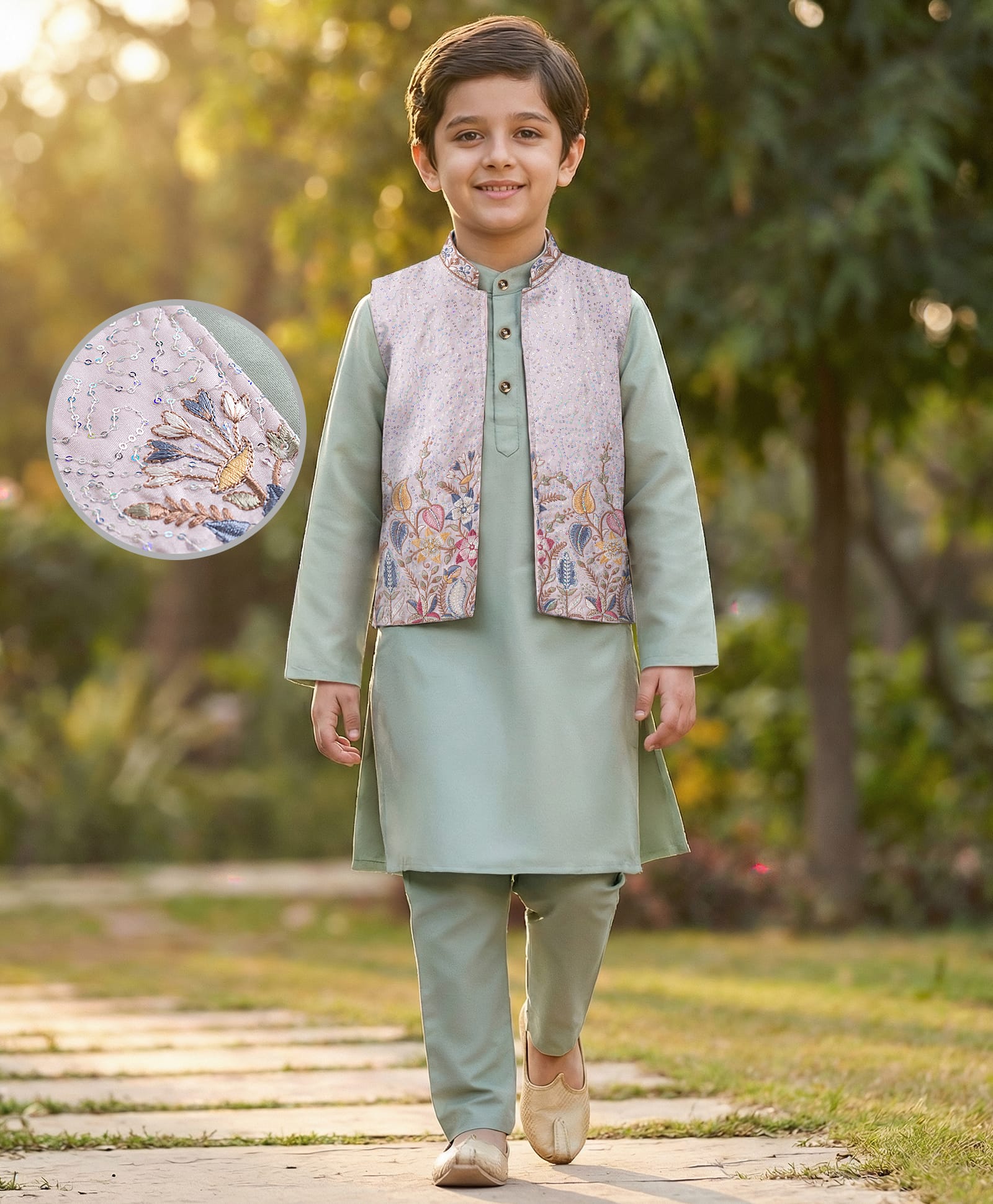 EARTHY TOUCH Woven Full Sleeves Kurta Pajama Set with Jacket Floral Embroidery & Sequin Detailing - Green