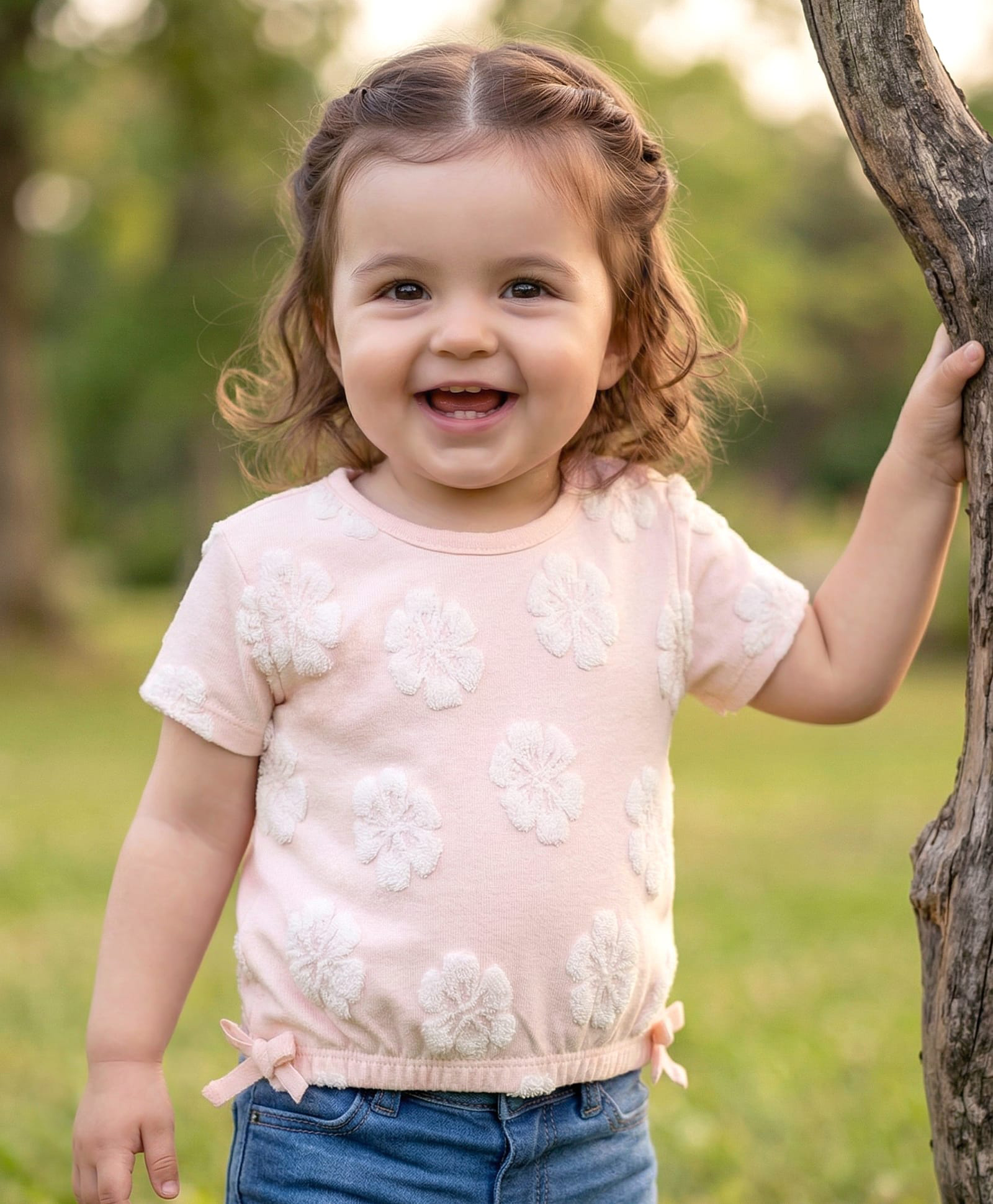 Babyoye Cotton Knit Solid Dyed Half Sleeves T-Shirt with Floral Embroidery - Pink-image-37