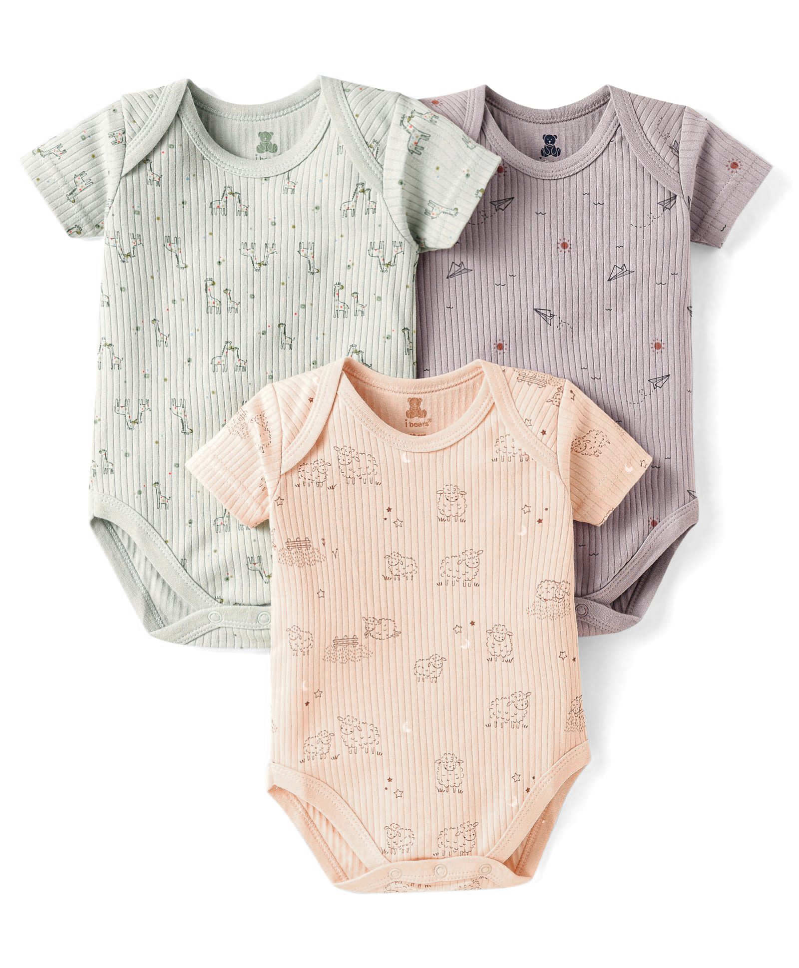 I Bears Interlock Knit Half Sleeves Onesies With Animal Print Pack of 3 - Peach Lilac & Grey-image-16