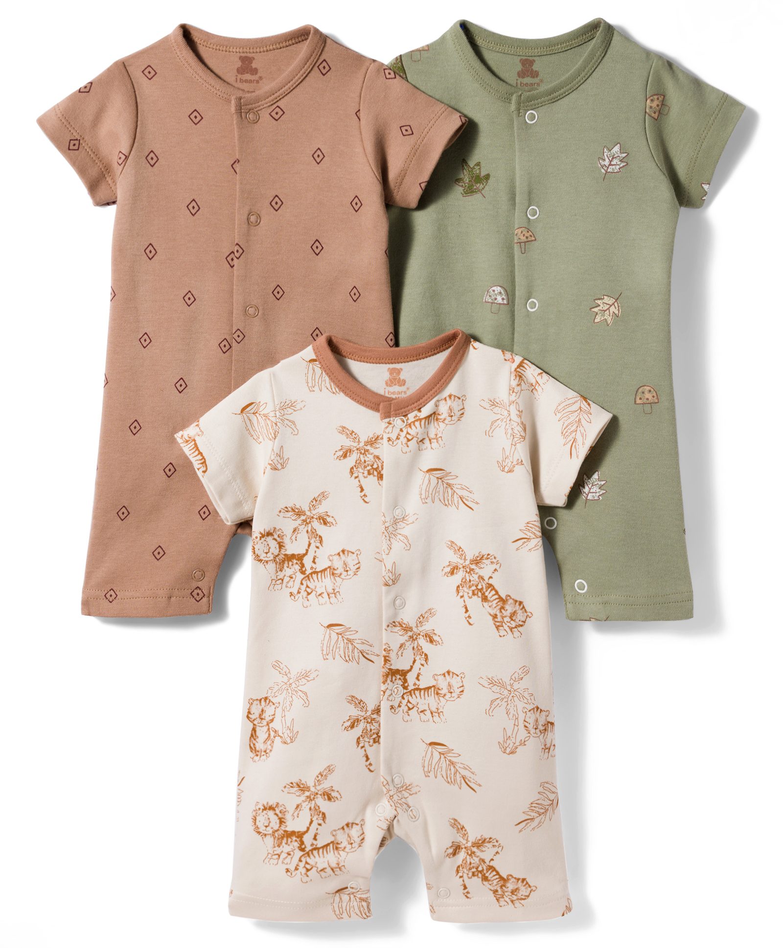 I Bears Interlock Knit Half Sleeves Rompers With Animal & Leaf Print Pack of 3 - White Brown & Green-image-32