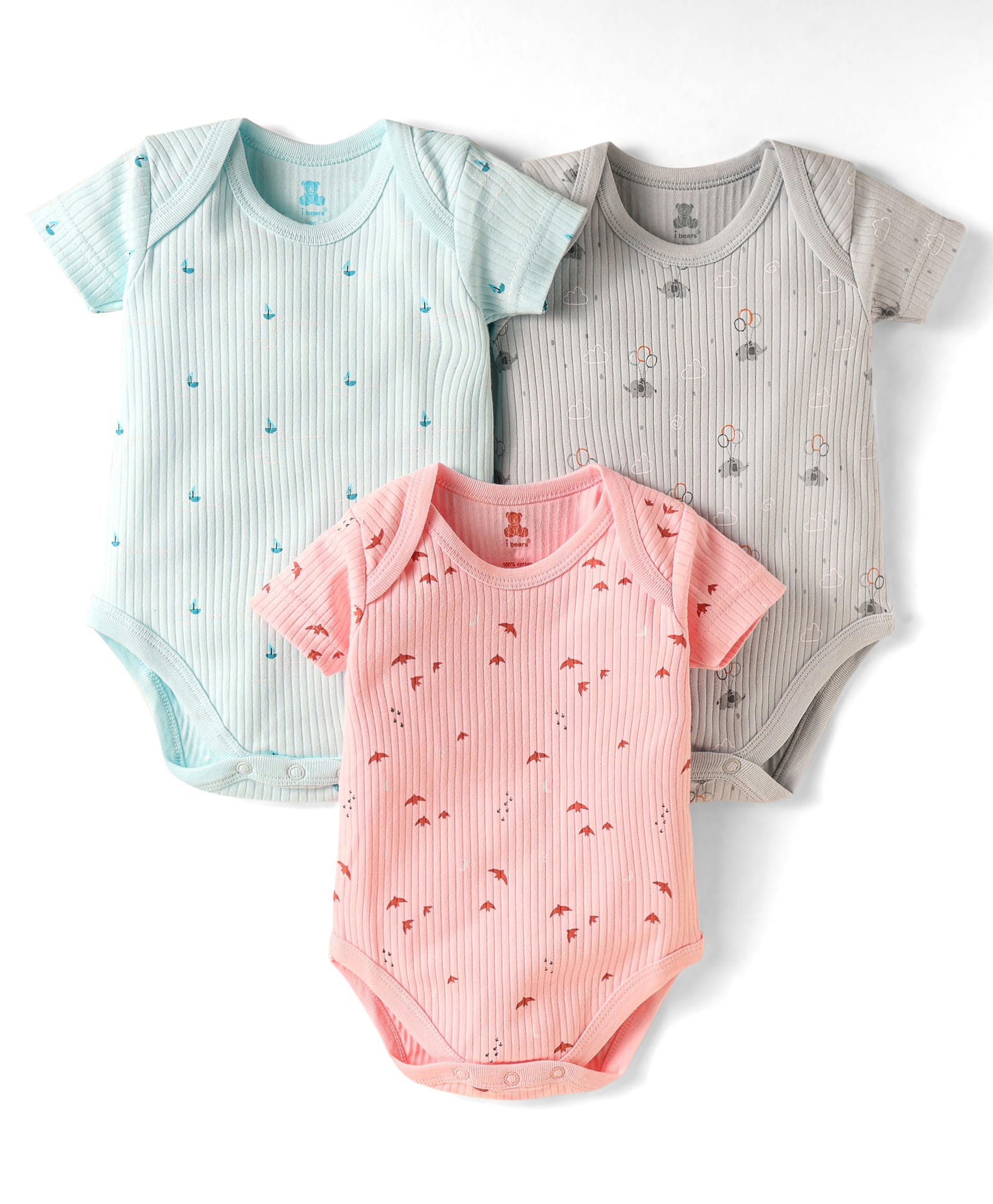 I Bears Interlock Knit Half Sleeves Onesies With Bird Print Pack of 3 - Peach Grey & Light Blue-image-42