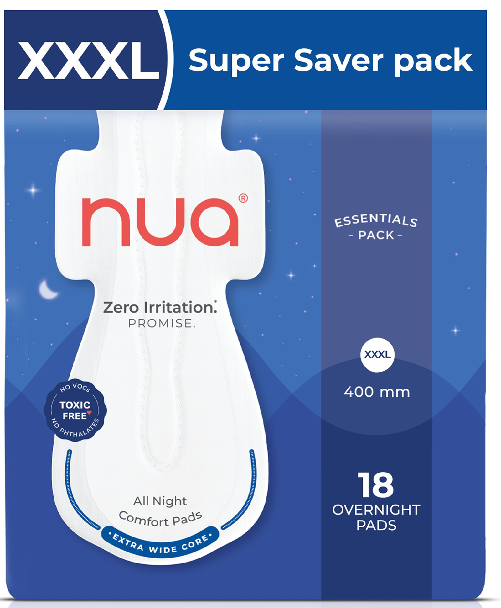 Nua All Night Comfort Sanitary Pads | 50% Wider Back and Anti Stain Wings | Upto 10 hours of Absorption | Super Soft and Breathable | No Rashes | 100% Toxic-Free - Pack of 18 (XXXL 400mm)-image-24