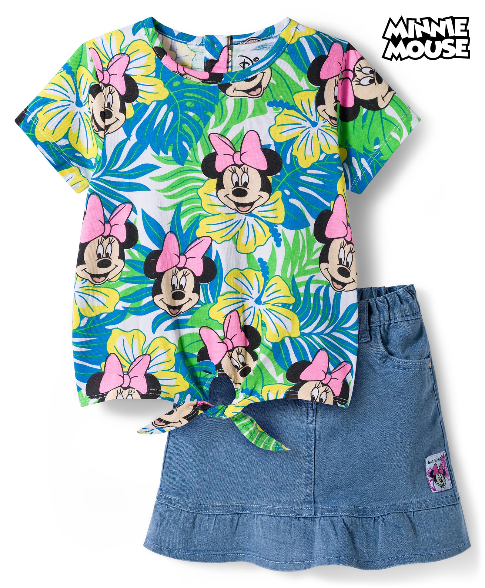 Babyhug Disney Single Jersey Knit Half Sleeves Top & Denim Skirt Set with Minnie Mouse Graphic & Badge Detailing - Multicolor-image-45