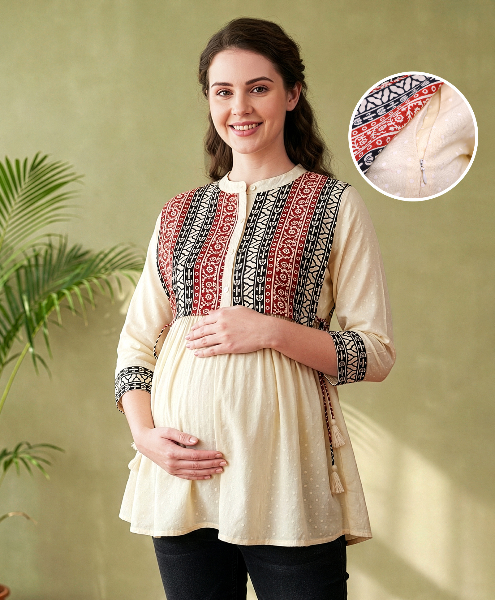 Bella Mama Woven Three Fourth Sleeves Mock Jacket Printed Maternity Top - Off White-image-11
