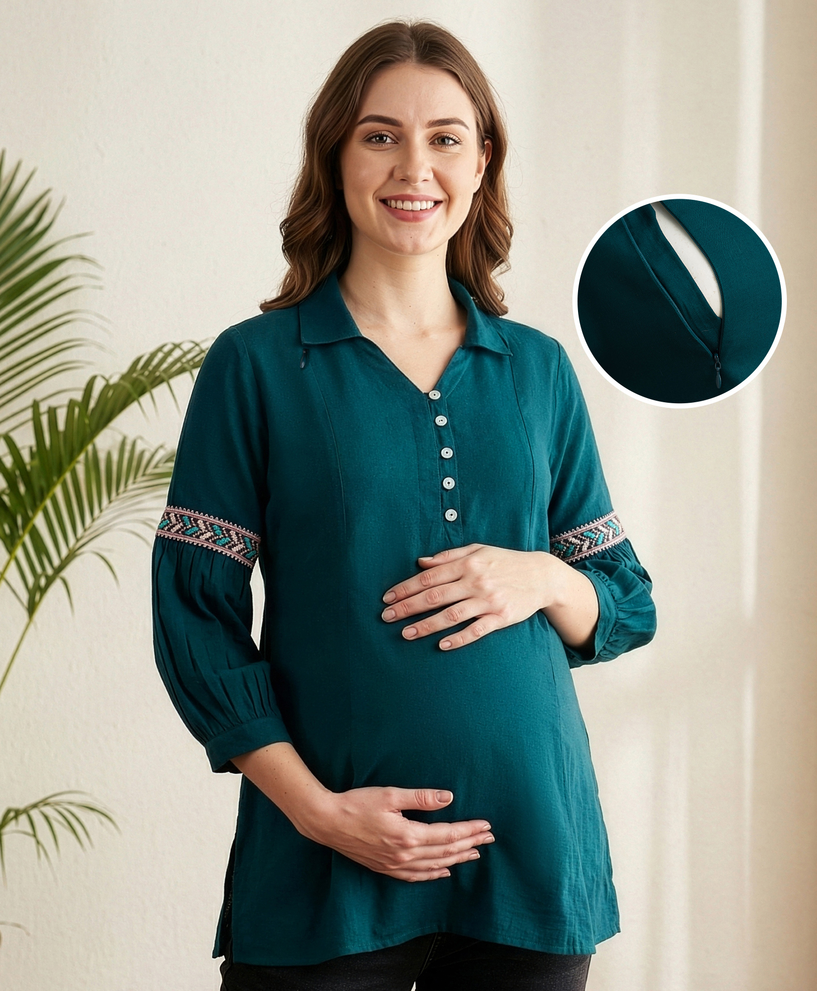 Bella Mama Woven Three Fourth Sleeves Maternity Top with Embroidery - Teal Blue-image-40