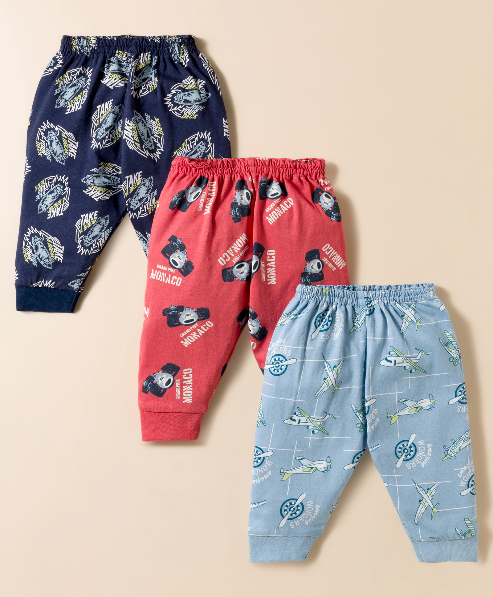 CUCUMBER Sinker Knit Full Length Leggings With Vehicle Print Pack Of 3 - Red Navy Blue & Light Blue-picture-10