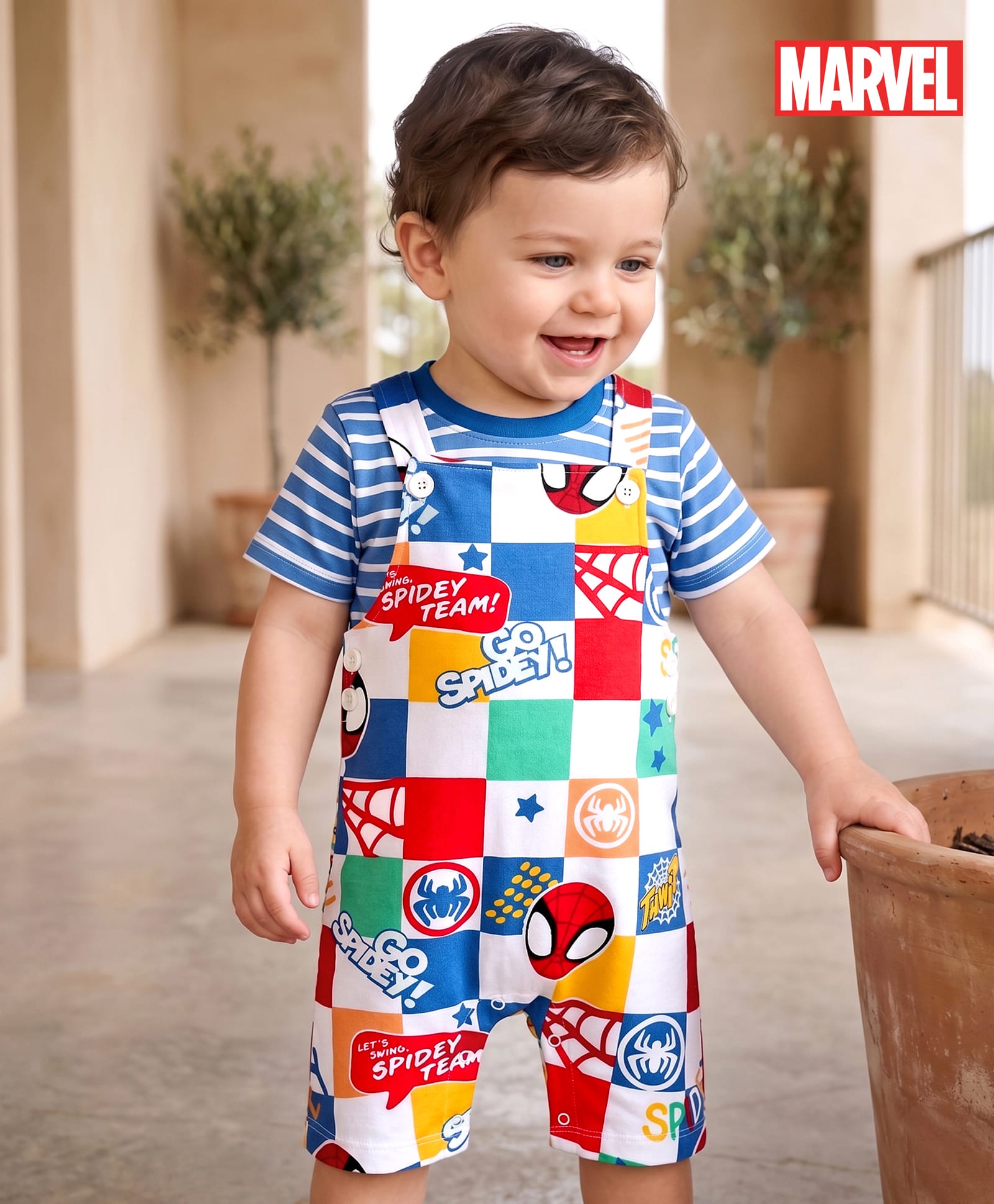 Babyhug Marvel Single Jersey Knit Half Sleeves Striped T-Shirt & Dungaree with Spiderman Print - Multicolor-picture-20