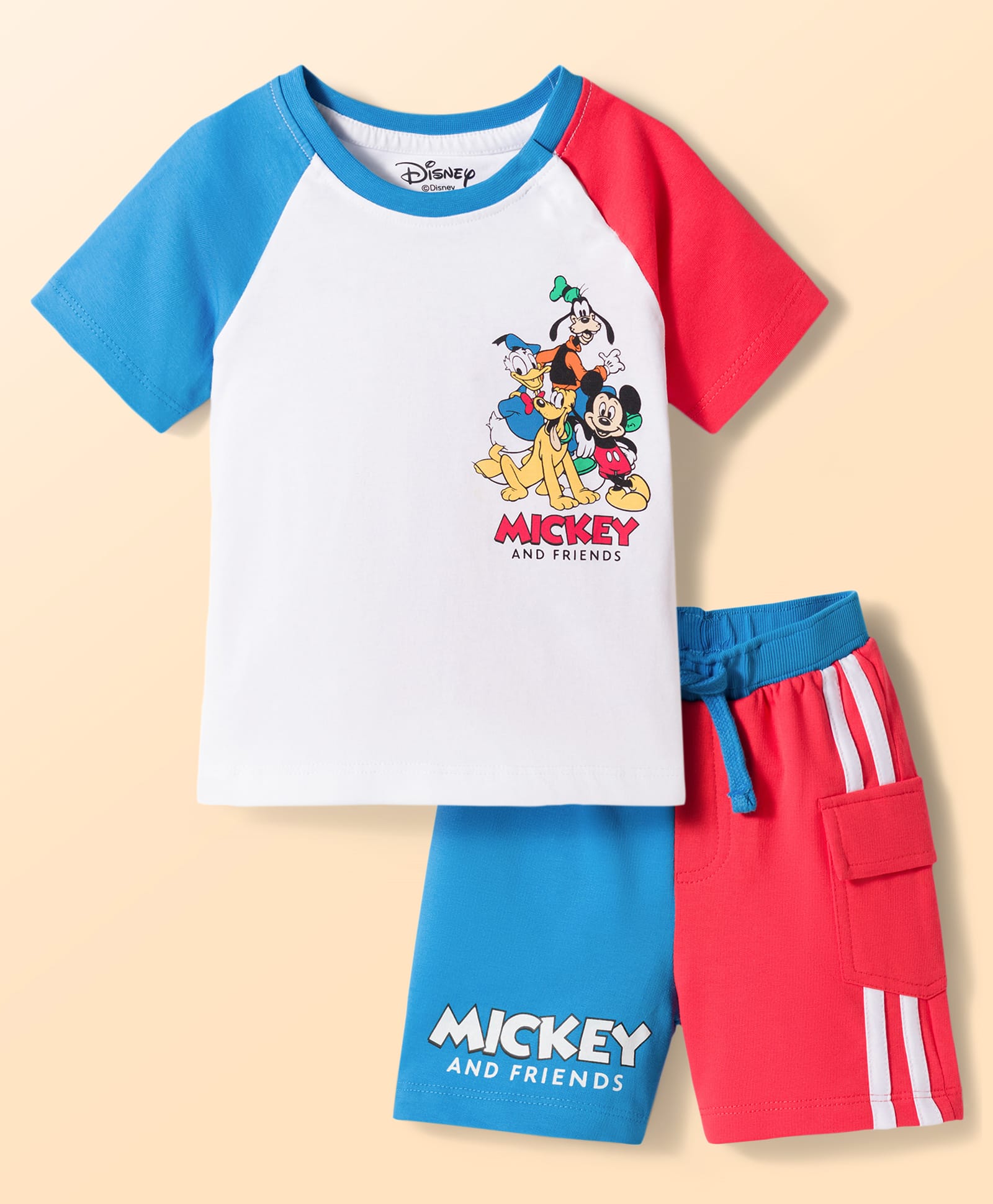Babyhug Disney Single Jersey Knit Half Raglan Sleeves Cut & Sew T-Shirt & Shorts Set with Mickey Mouse & Family Front & Back Print - Multicolor-image-43