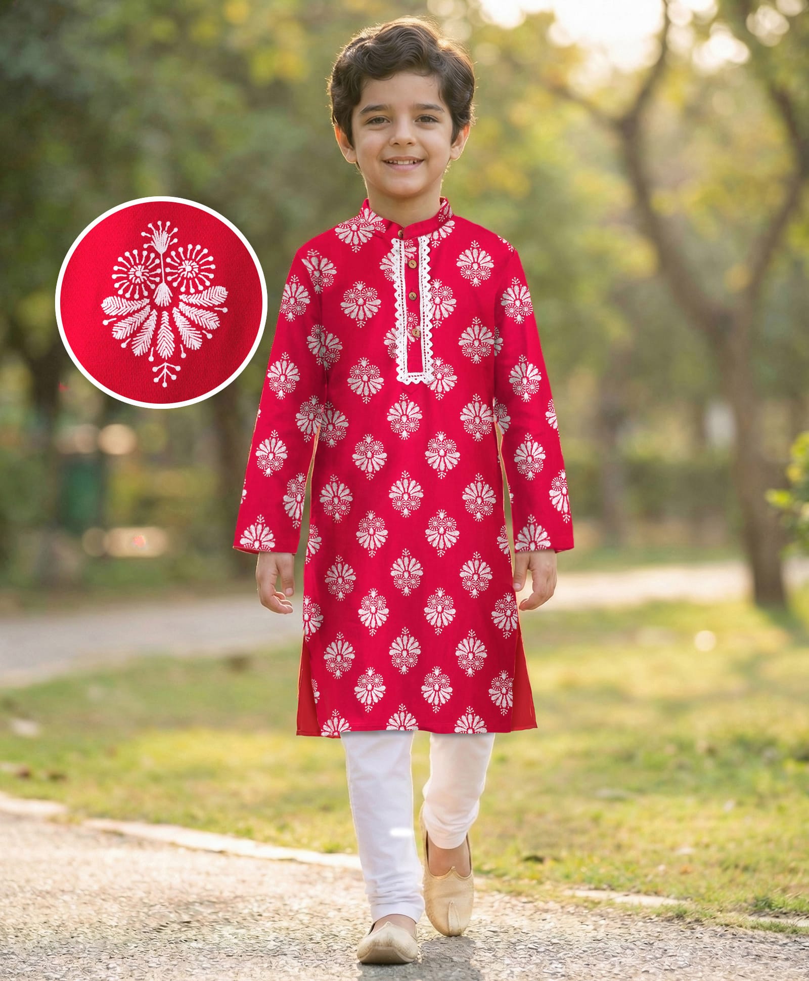 EARTHY TOUCH Single Jersey Knit Full Sleeves Kurta Pyjama Set With Floral Print - Red-picture-12