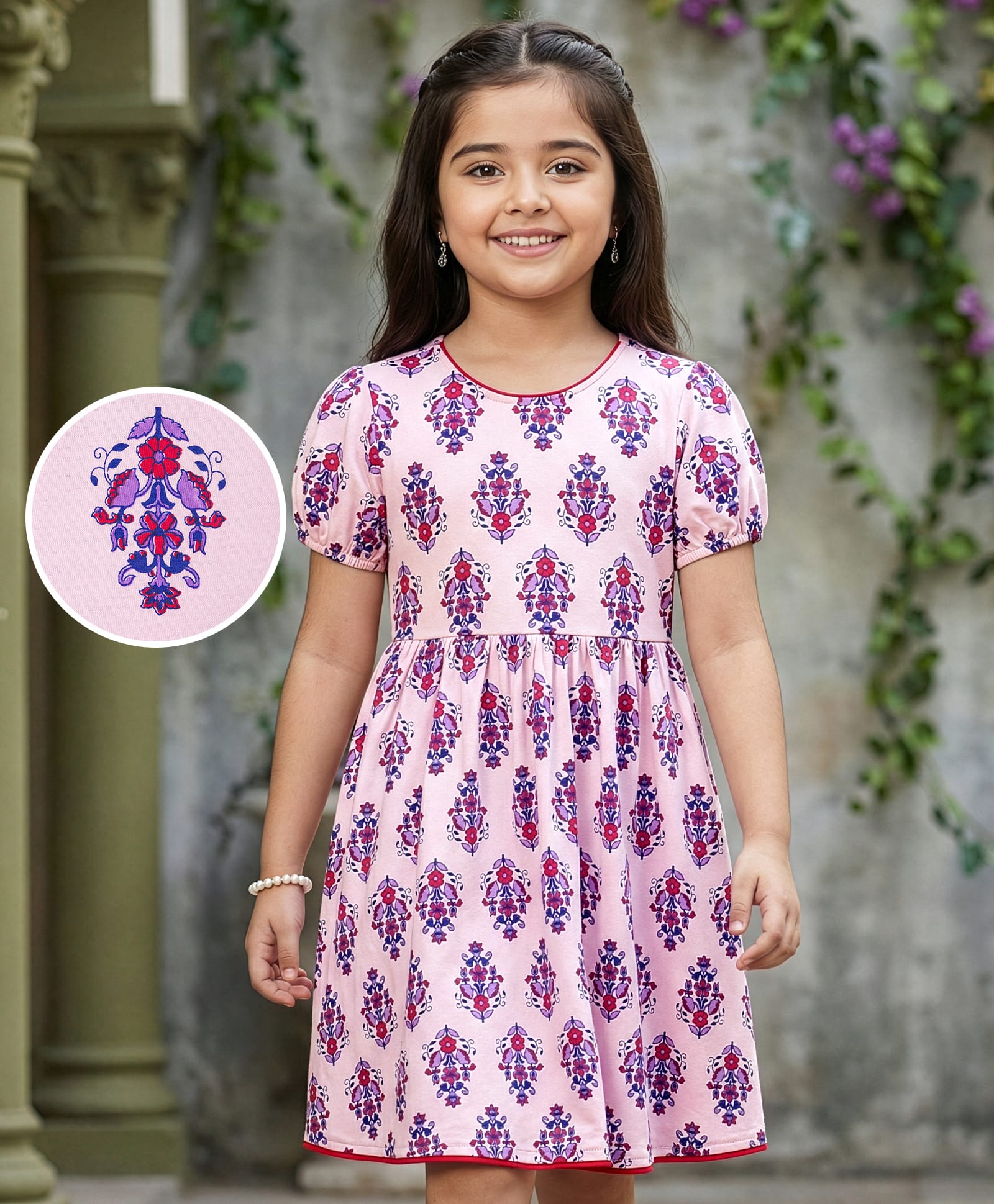 EARTHY TOUCH Single Jersey Knit Half Sleeves Floral Printed Ethnic Dress - Baby Pink-image-21