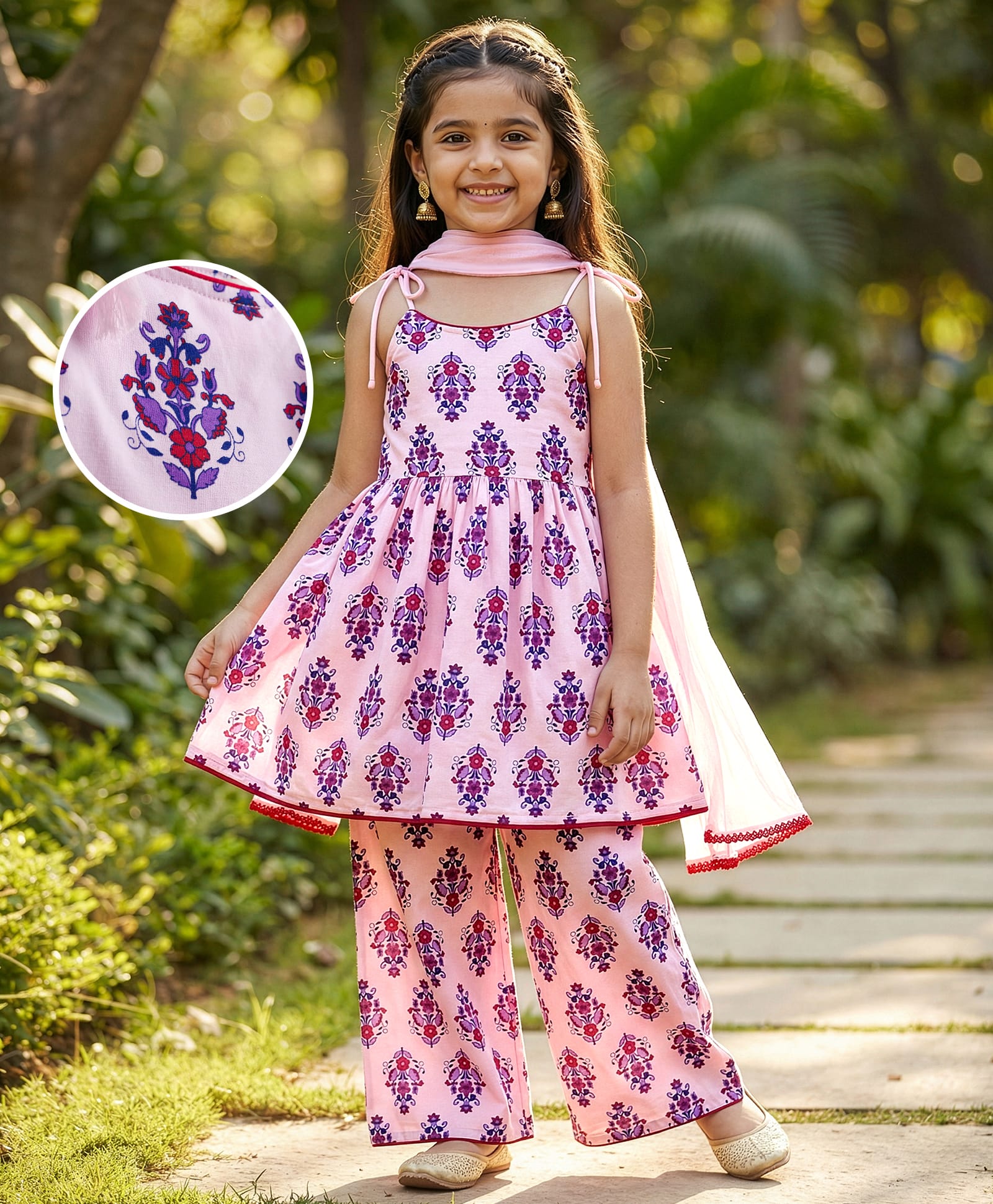 EARTHY TOUCH Single Jersey Knit Sleeveless Kurti & Salwar Set With Floral Print & Dupatta - Baby Pink-image-37