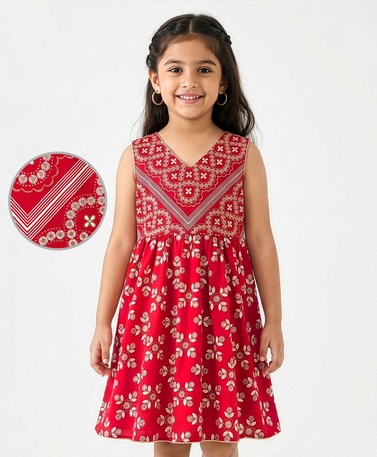 EARTHY TOUCH Single Jersey Knit Sleeveless Ethnic Dress with Floral Print - Red-picture-26